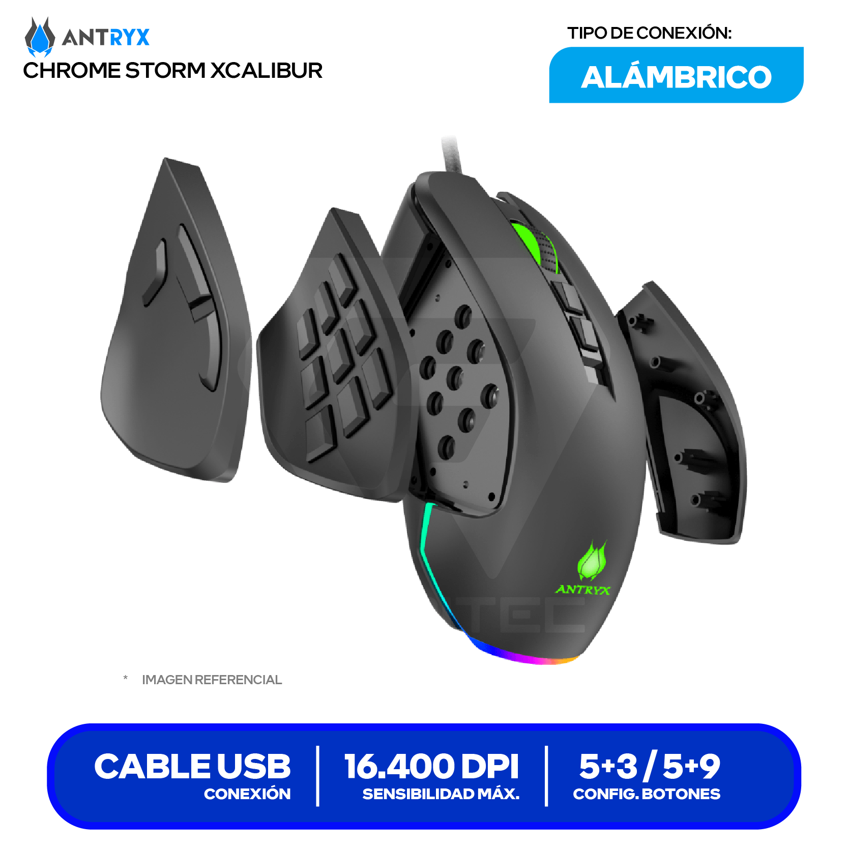 Mouse Gamer Antryx Chrome Storm Xcalibur (AGM-CS7500K) Negro, 16.400 DPI