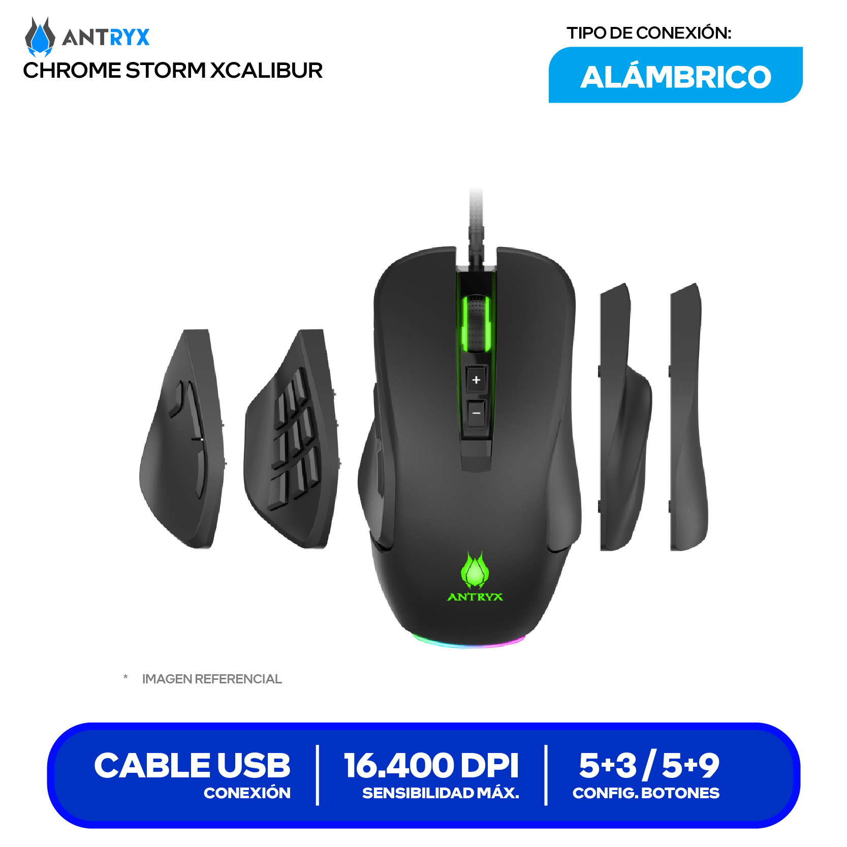 Mouse Gamer Antryx Chrome Storm Xcalibur (AGM-CS7500K) Negro, 16.400 DPI