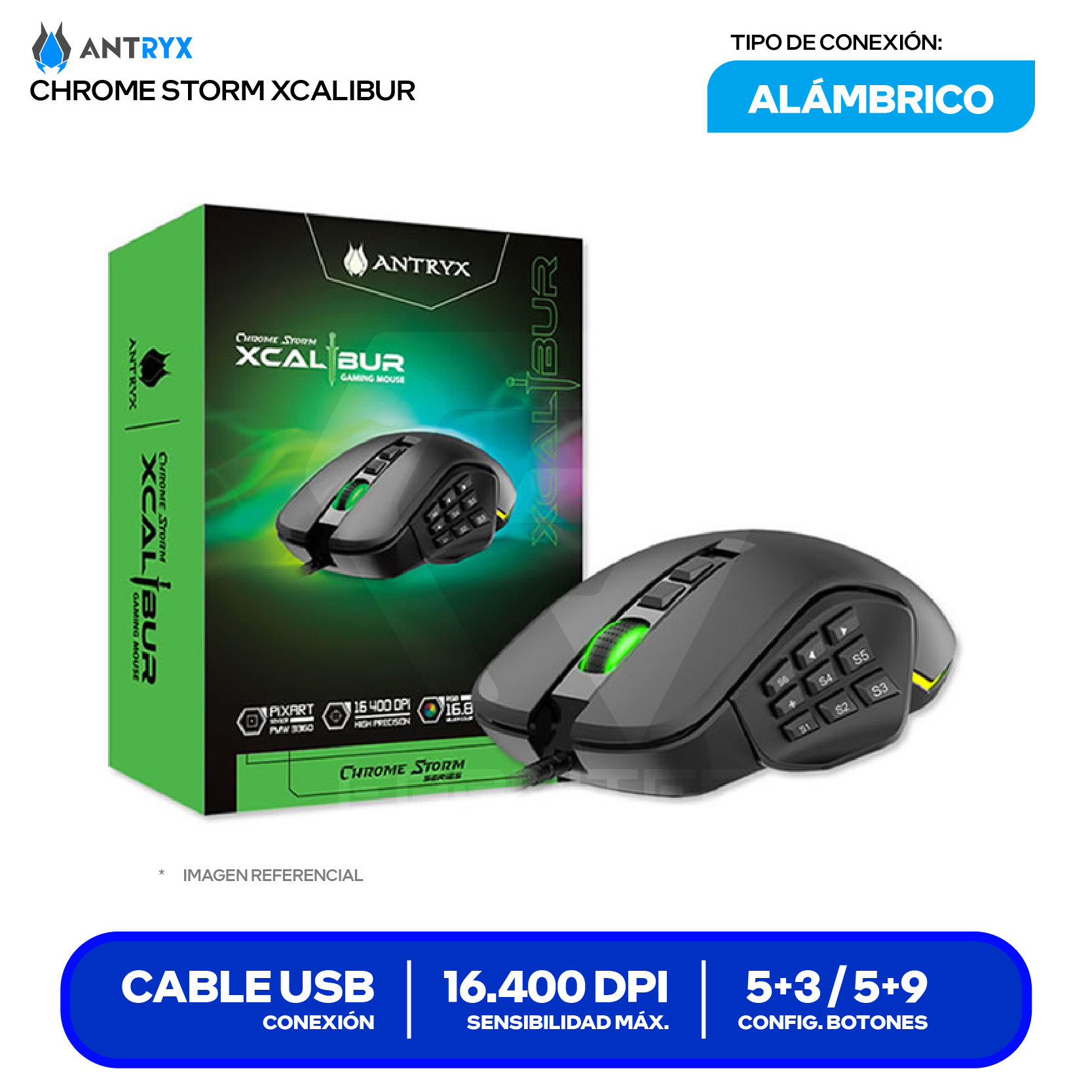 Mouse Gamer Antryx Chrome Storm Xcalibur (AGM-CS7500K) Negro, 16.400 DPI