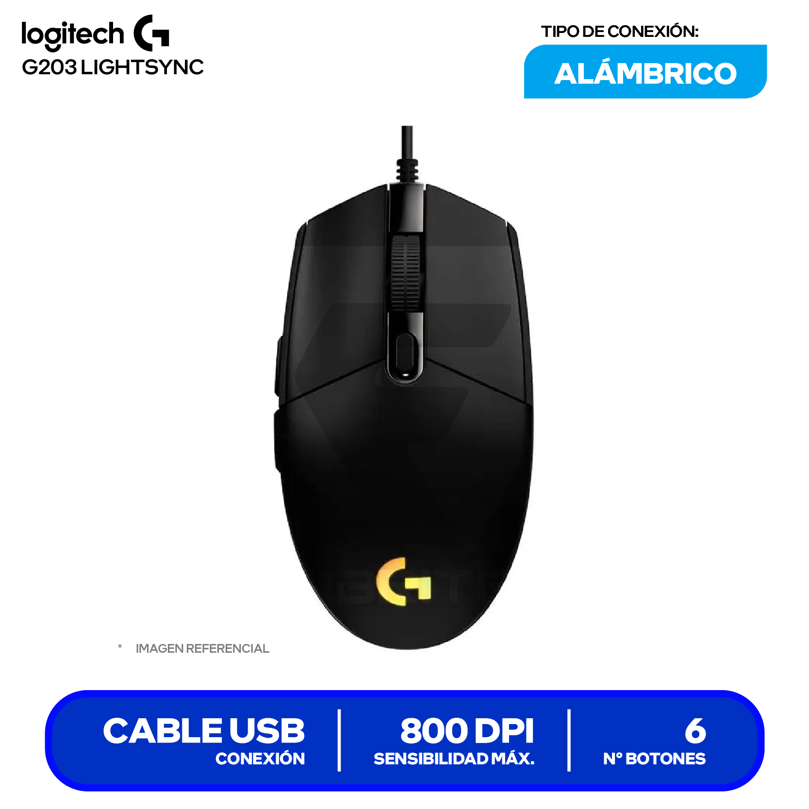 Mouse Gamer Logitech G203 Lighsync (910-005790) Negro, 8000 DPI