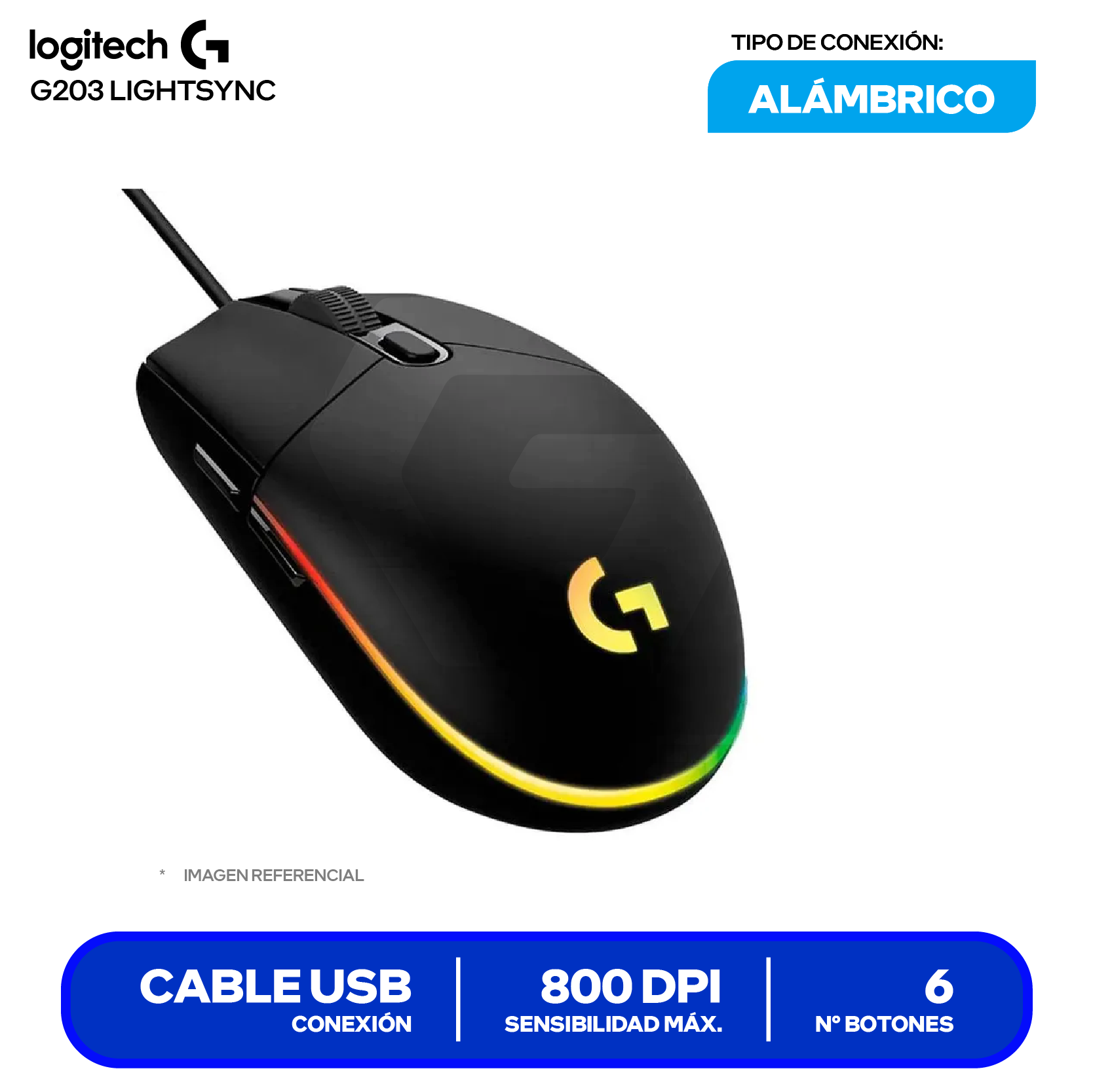 Mouse Gamer Logitech G203 Lighsync (910-005790) Negro, 8000 DPI