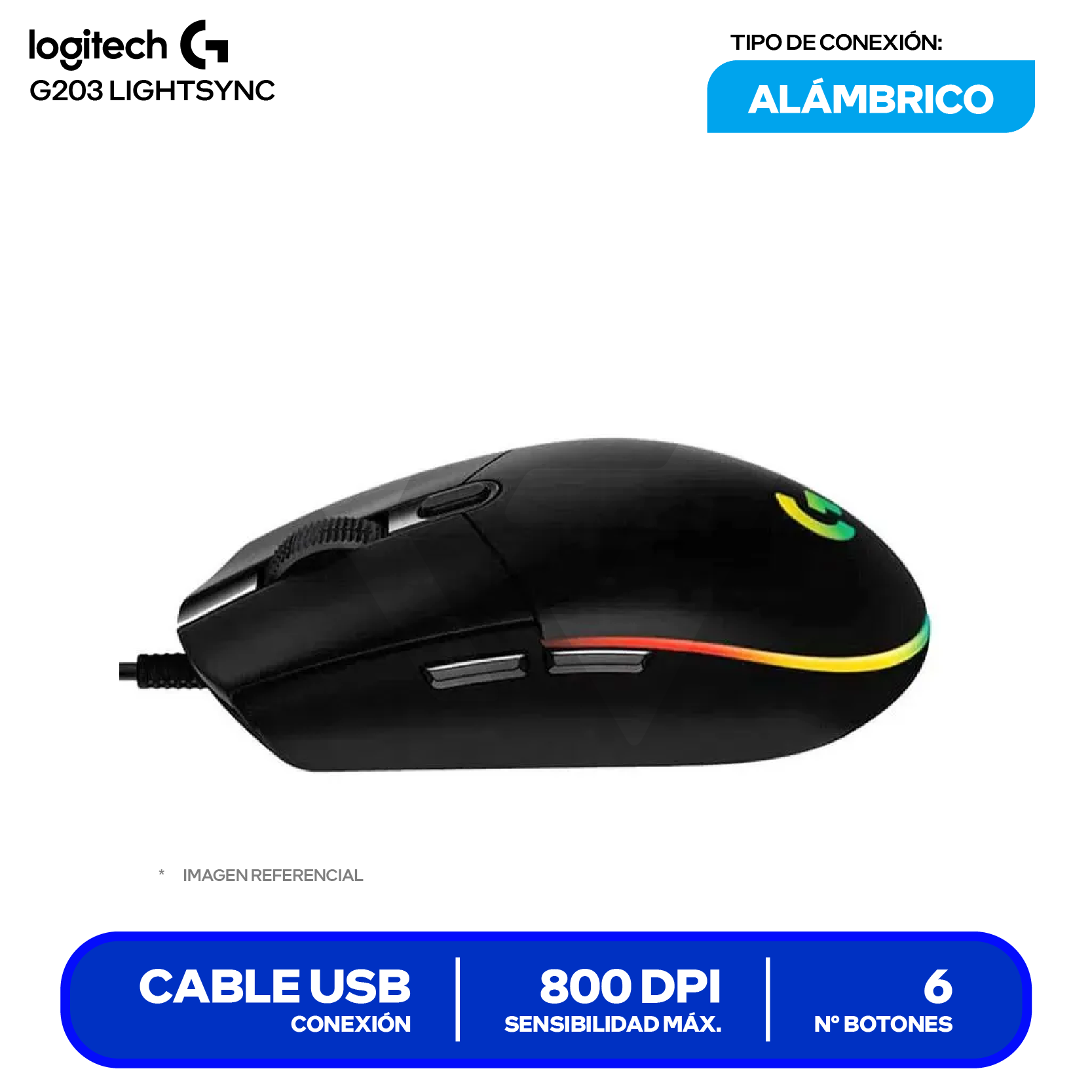 Mouse Gamer Logitech G203 Lighsync (910-005790) Negro, 8000 DPI