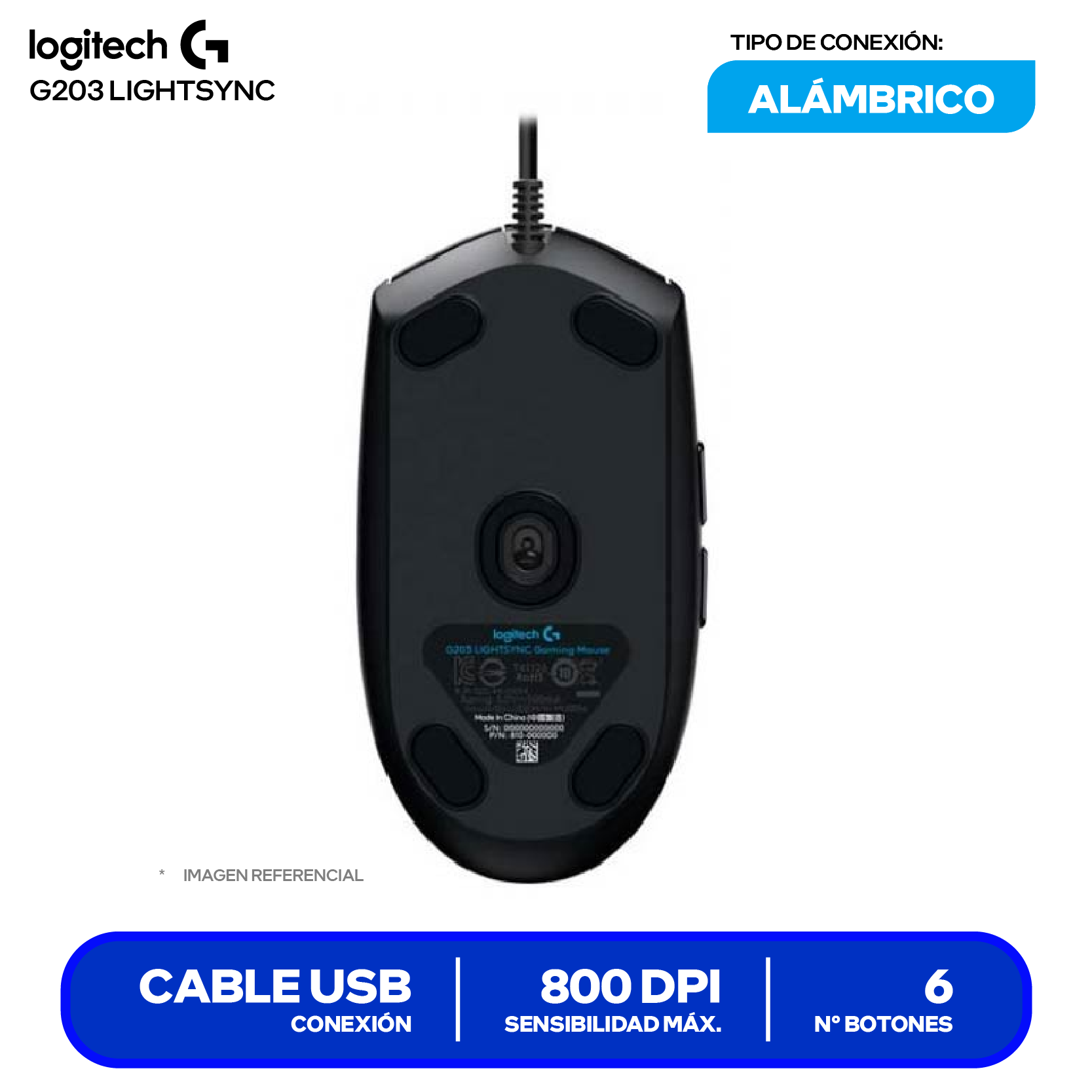 Mouse Gamer Logitech G203 Lighsync (910-005790) Negro, 8000 DPI