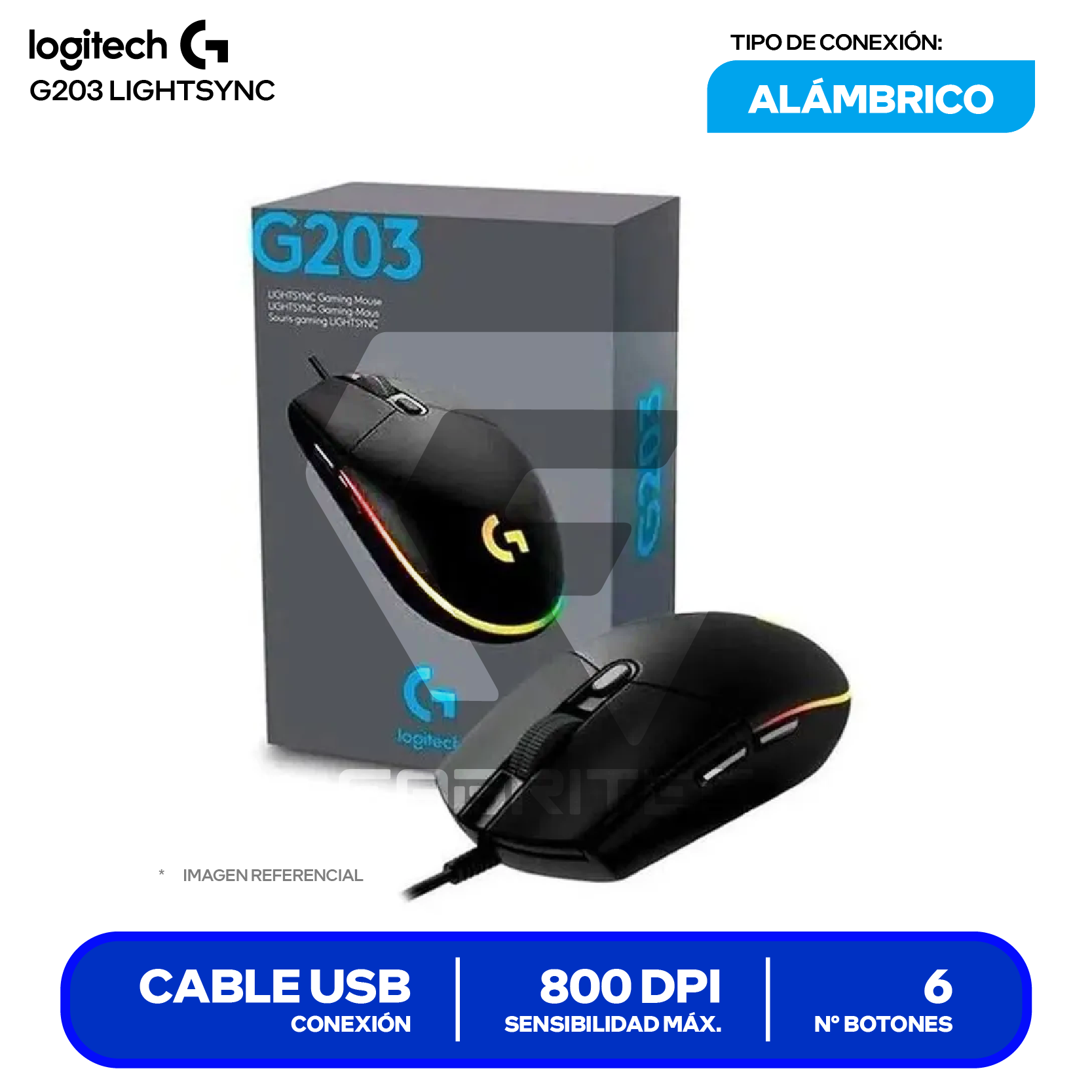 Mouse Gamer Logitech G203 Lighsync (910-005790) Negro, 8000 DPI