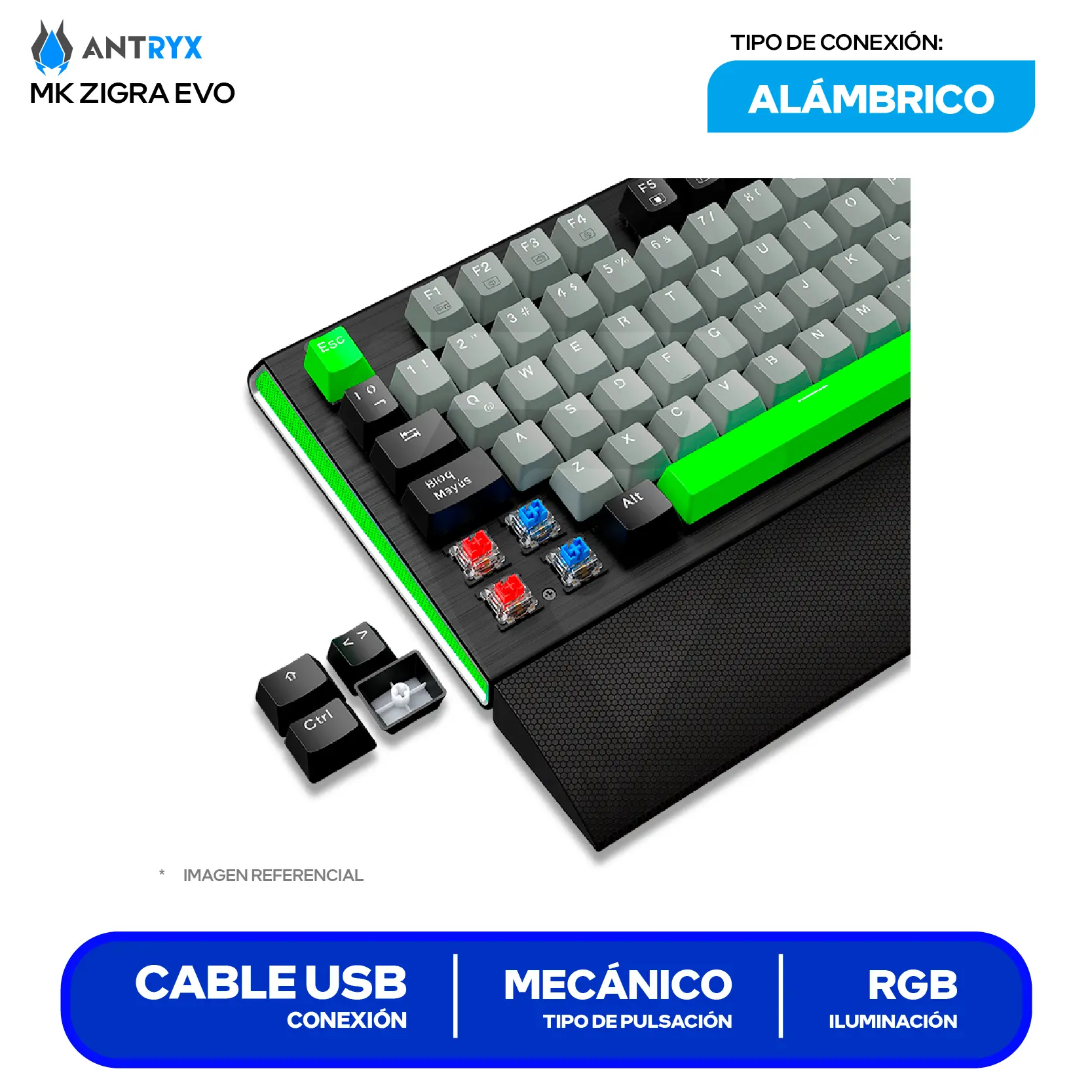 Teclado Gamer Antryx MK Zigra EVO ( AMK-900KR1RE-SP ) Switch  Red, Mecánico RGB