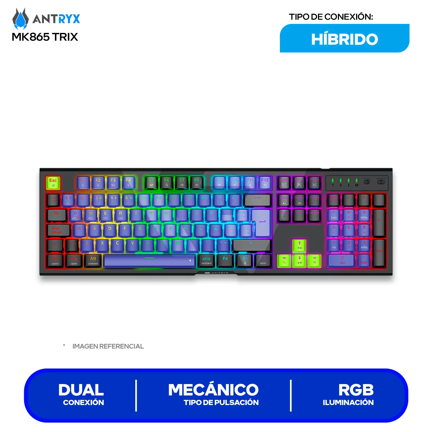 Teclado Gamer Inalámbrico Antryx MK-865 Trix Lila C/ Negro (AMK-865TXKRE-SP) Switch Red,  Mecánico RGB