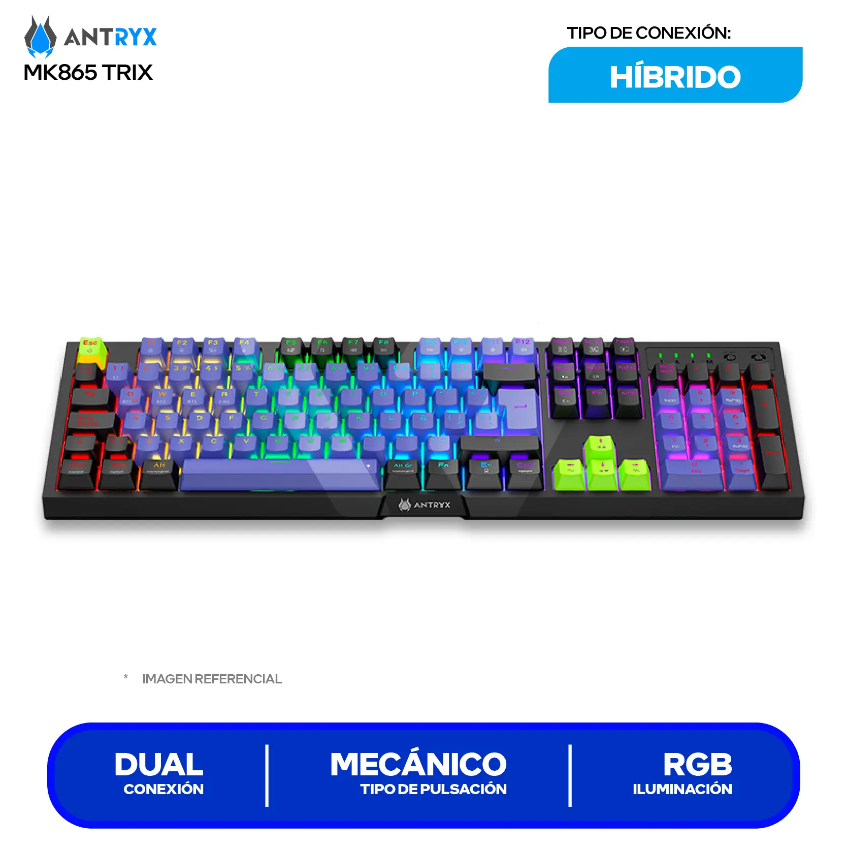 Teclado Gamer Inalámbrico Antryx MK-865 Trix Lila C/ Negro (AMK-865TXKRE-SP) Switch Red,  Mecánico RGB