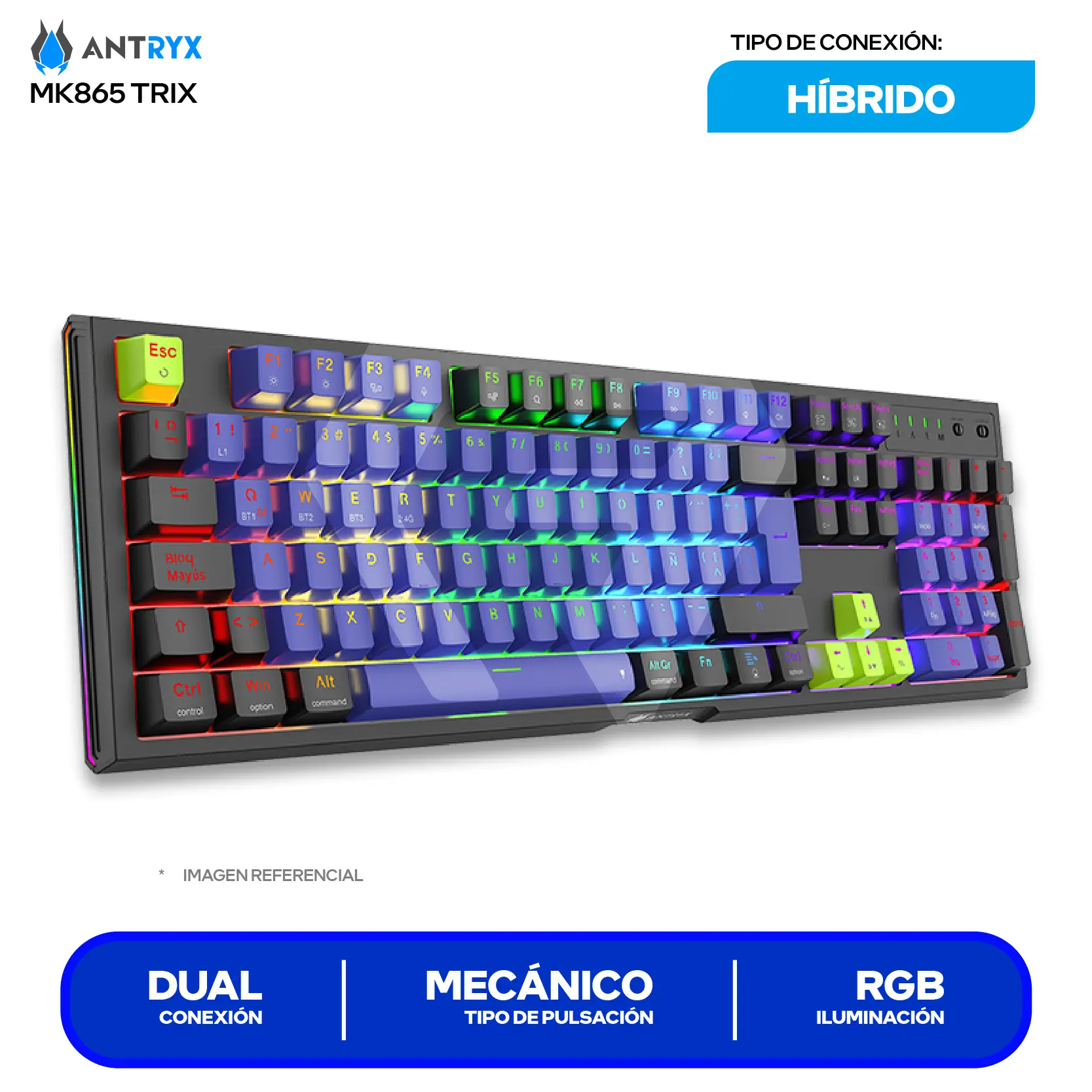 Teclado Gamer Inalámbrico Antryx MK-865 Trix Lila C/ Negro (AMK-865TXKRE-SP) Switch Red,  Mecánico RGB