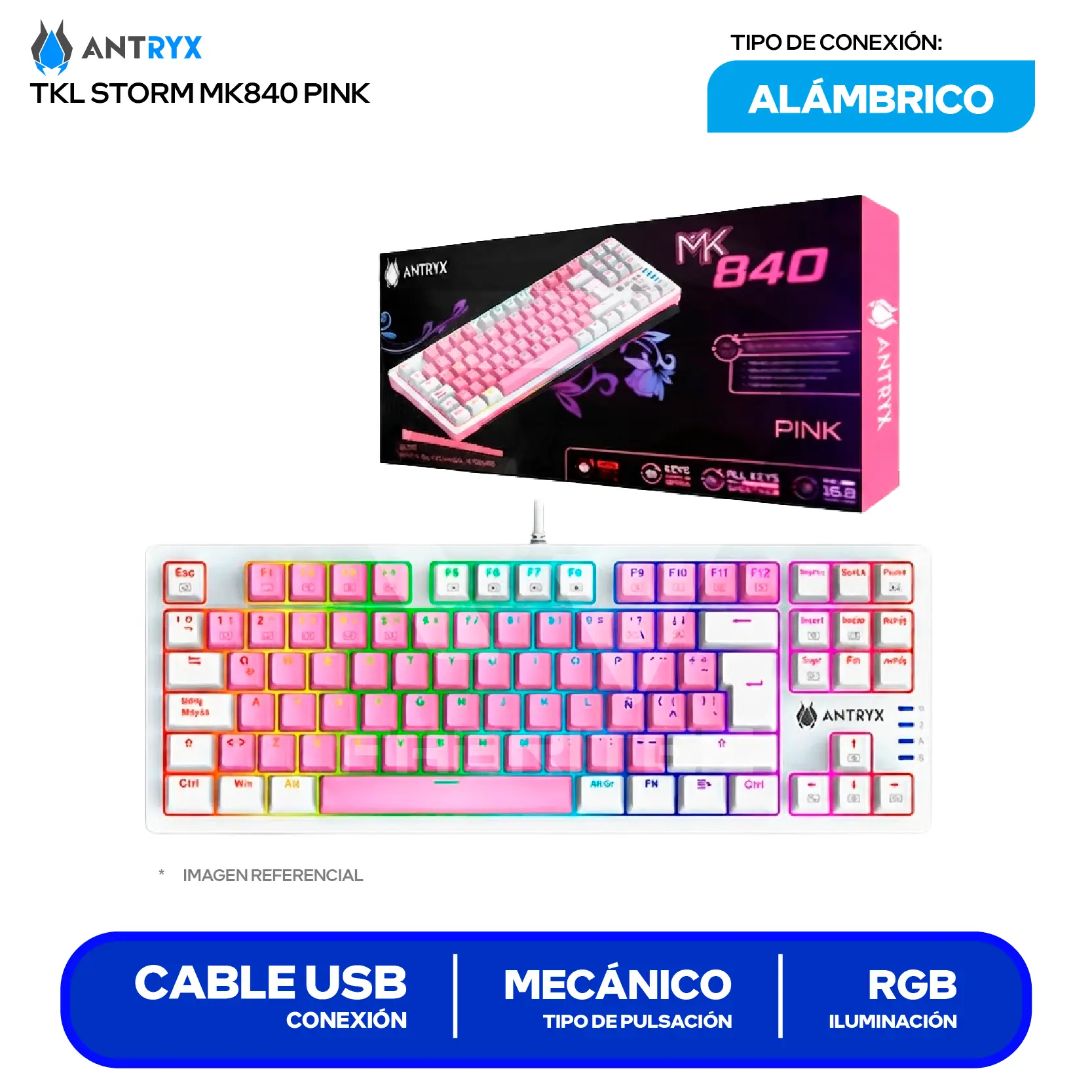 Teclado Gamer Antryx MK-840 Pink ( AMK-CS840PRE-SP )  Switch Blue, Mecánico RGB