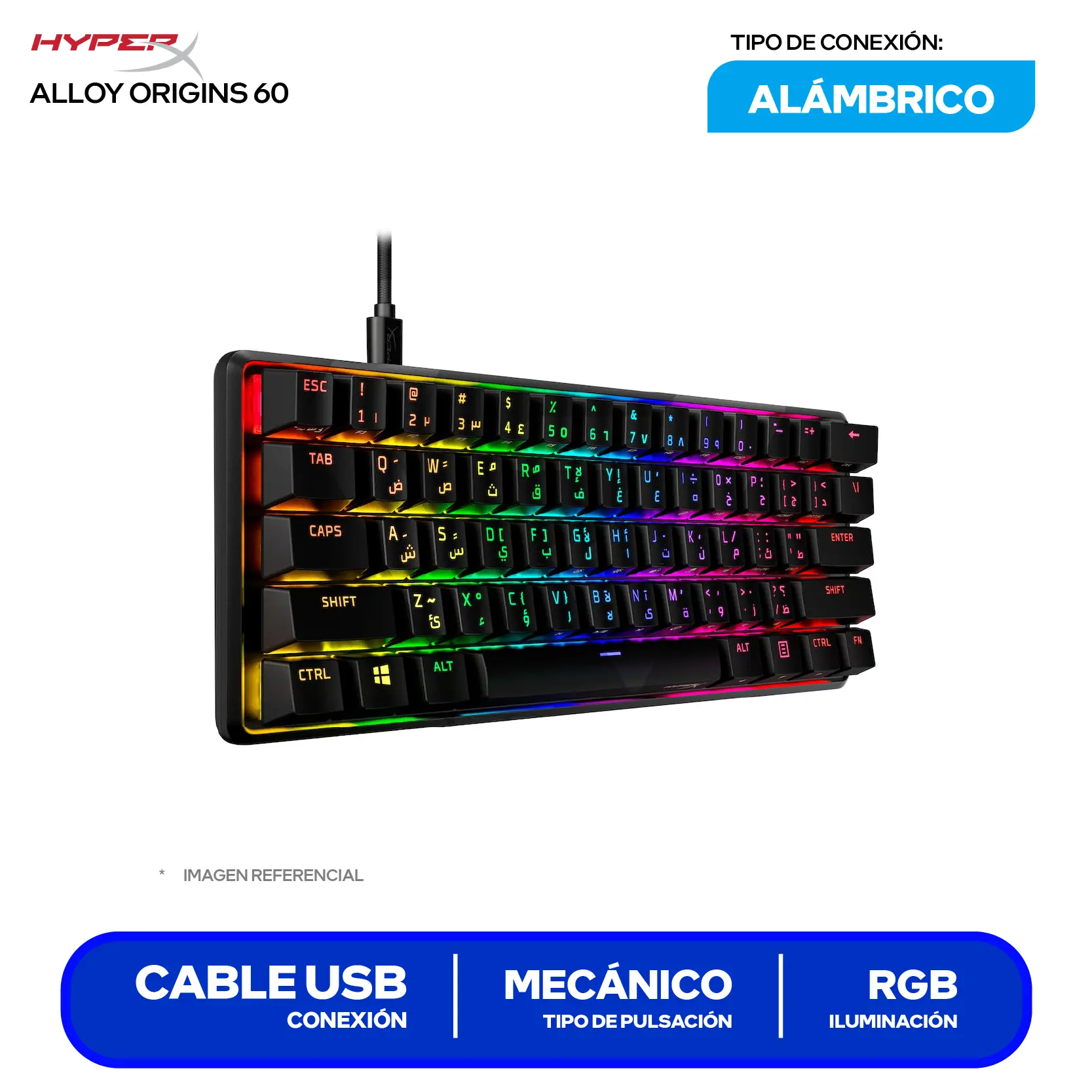 Teclado Gamer Hyperx Alloy Origins 60 Negro ( 4P5N4AA ) Mecánico RGB