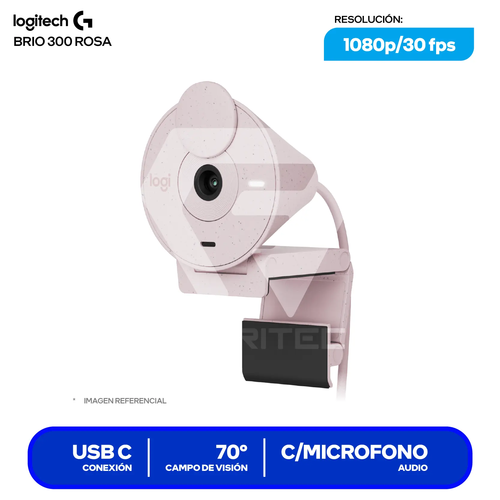 Cámara Web Logitech Brio 300 Rosa (960-001446) Full HD 1080p, Micrófono integrado