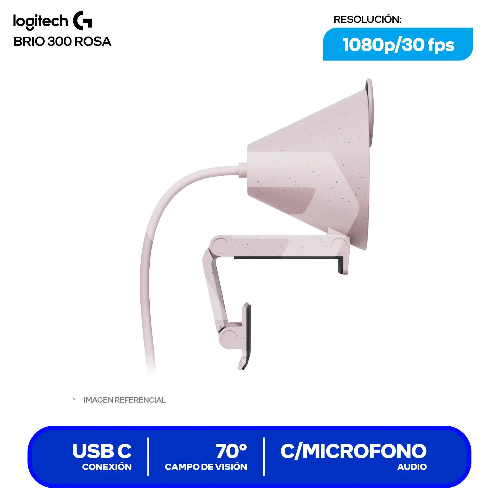 Cámara Web Logitech Brio 300 Rosa (960-001446) Full HD 1080p, Micrófono integrado
