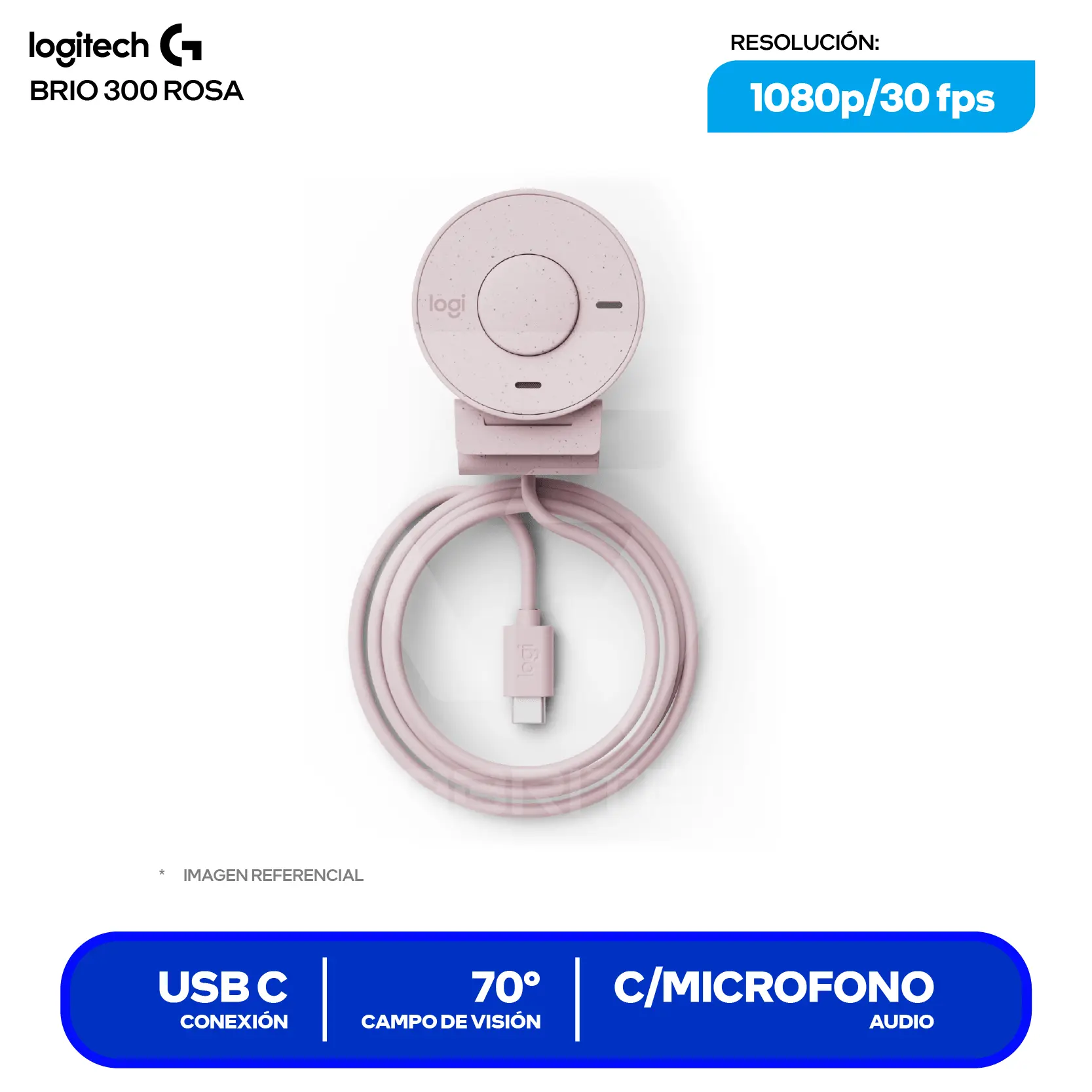 Cámara Web Logitech Brio 300 Rosa (960-001446) Full HD 1080p, Micrófono integrado