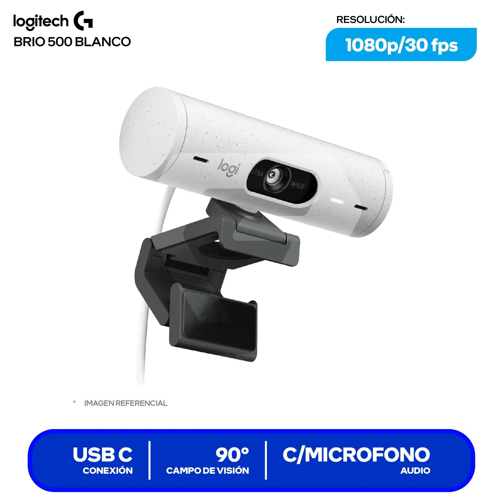 Cámara Web Logitech Brio 500 Blanco Crudo (960-001426) Full HD 1080p, Micrófono integrado