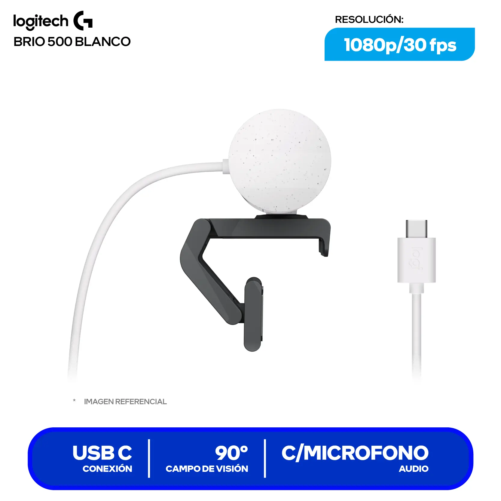 Cámara Web Logitech Brio 500 Blanco Crudo (960-001426) Full HD 1080p, Micrófono integrado