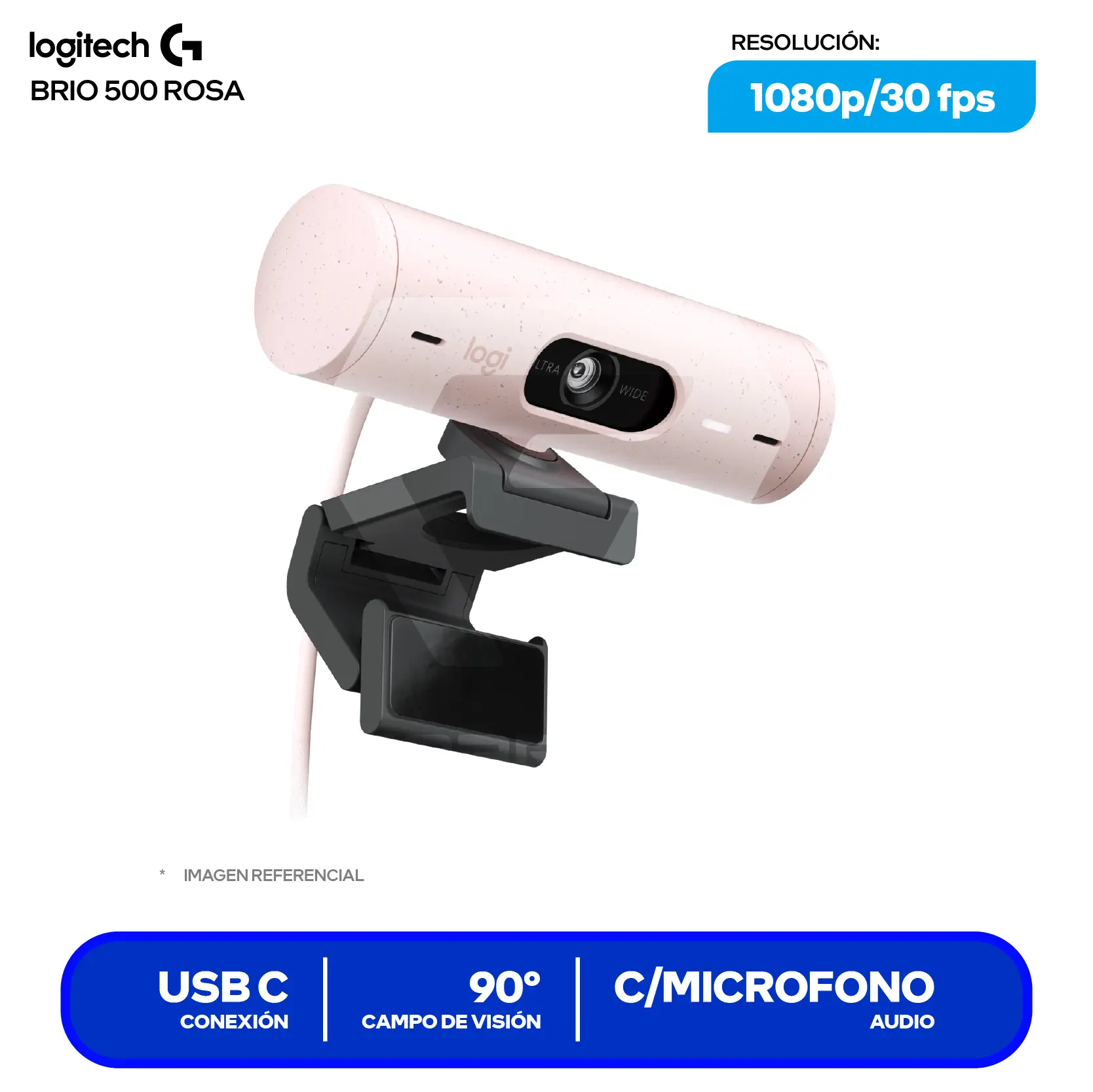 Cámara Web Logitech Brio 500 Rosa (960-001418) Full HD 1080p, Micrófono integrado