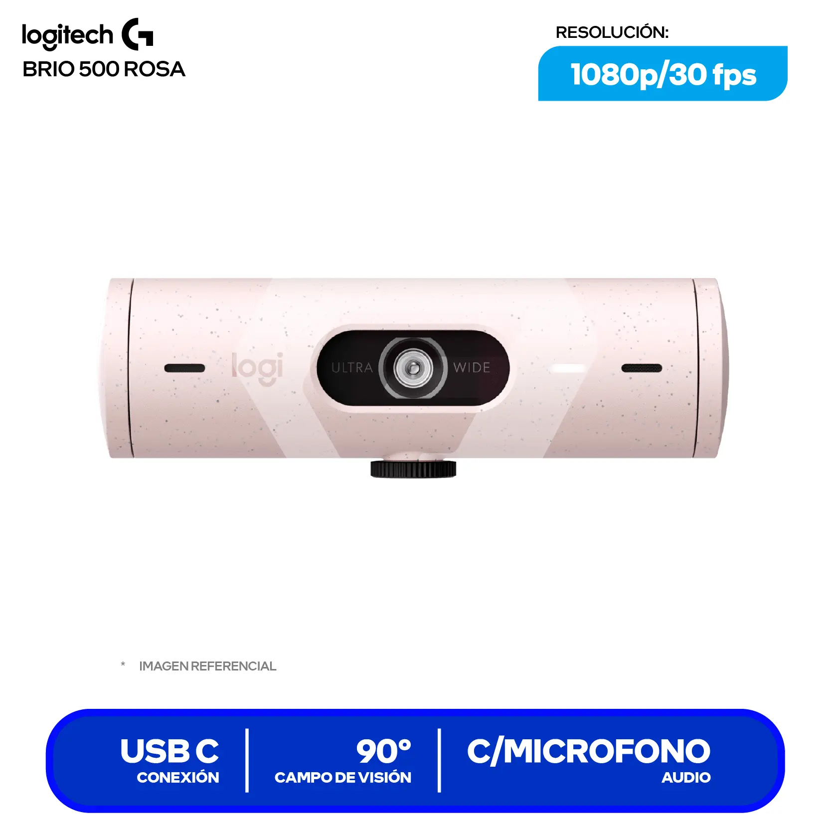 Cámara Web Logitech Brio 500 Rosa (960-001418) Full HD 1080p, Micrófono integrado