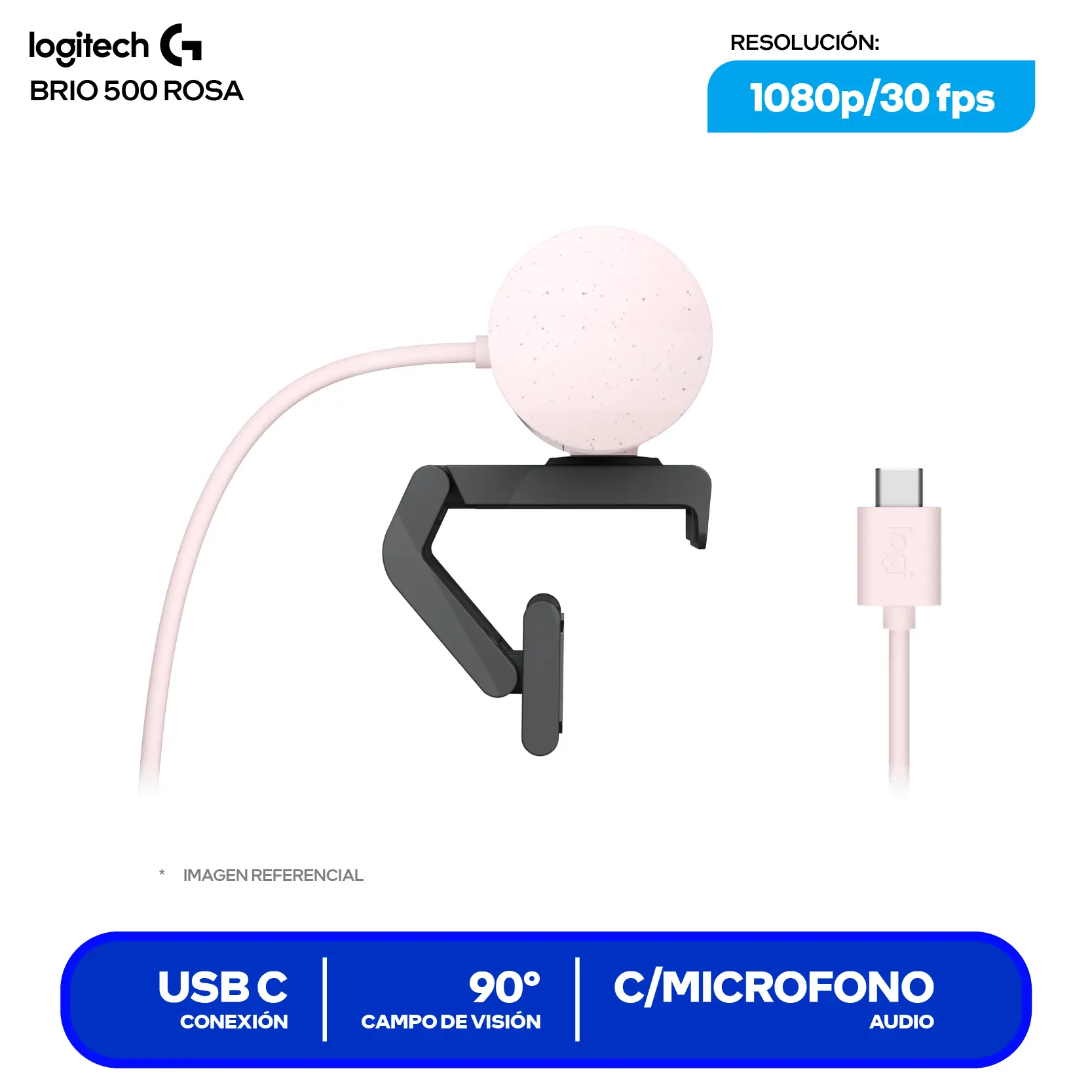Cámara Web Logitech Brio 500 Rosa (960-001418) Full HD 1080p, Micrófono integrado