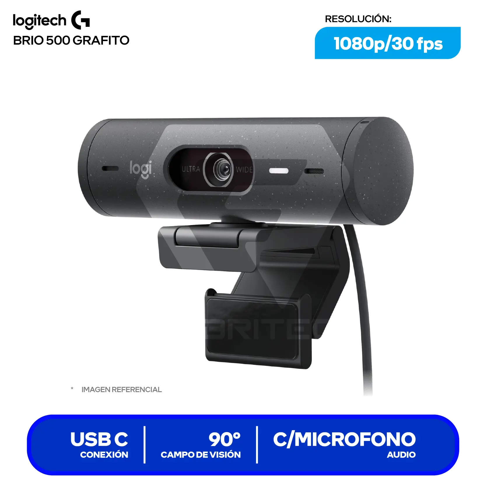 Cámara Web Logitech Brio 500 Grafito (960-001515)  Full HD 1080p, Micrófono integrado