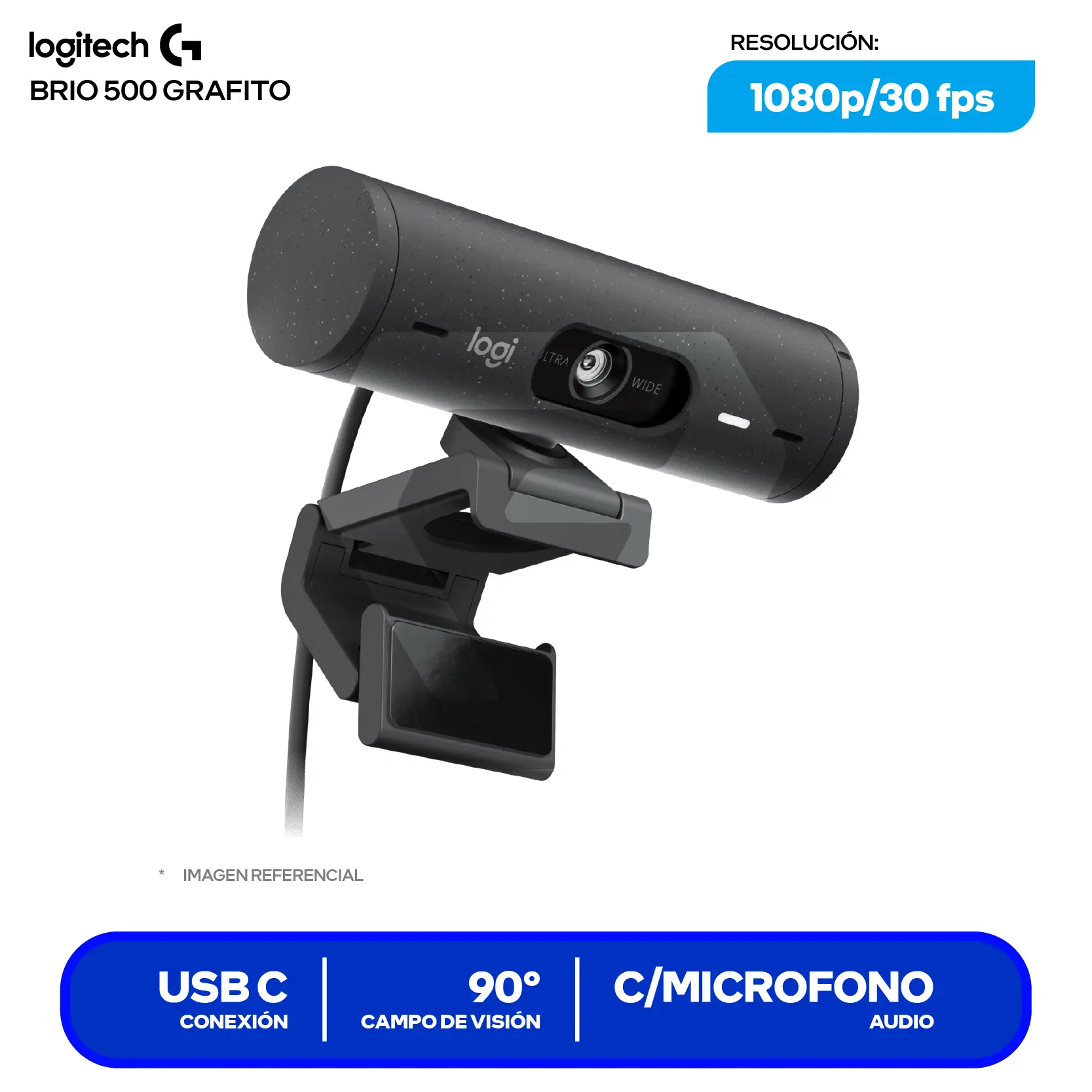 Cámara Web Logitech Brio 500 Grafito (960-001515)  Full HD 1080p, Micrófono integrado