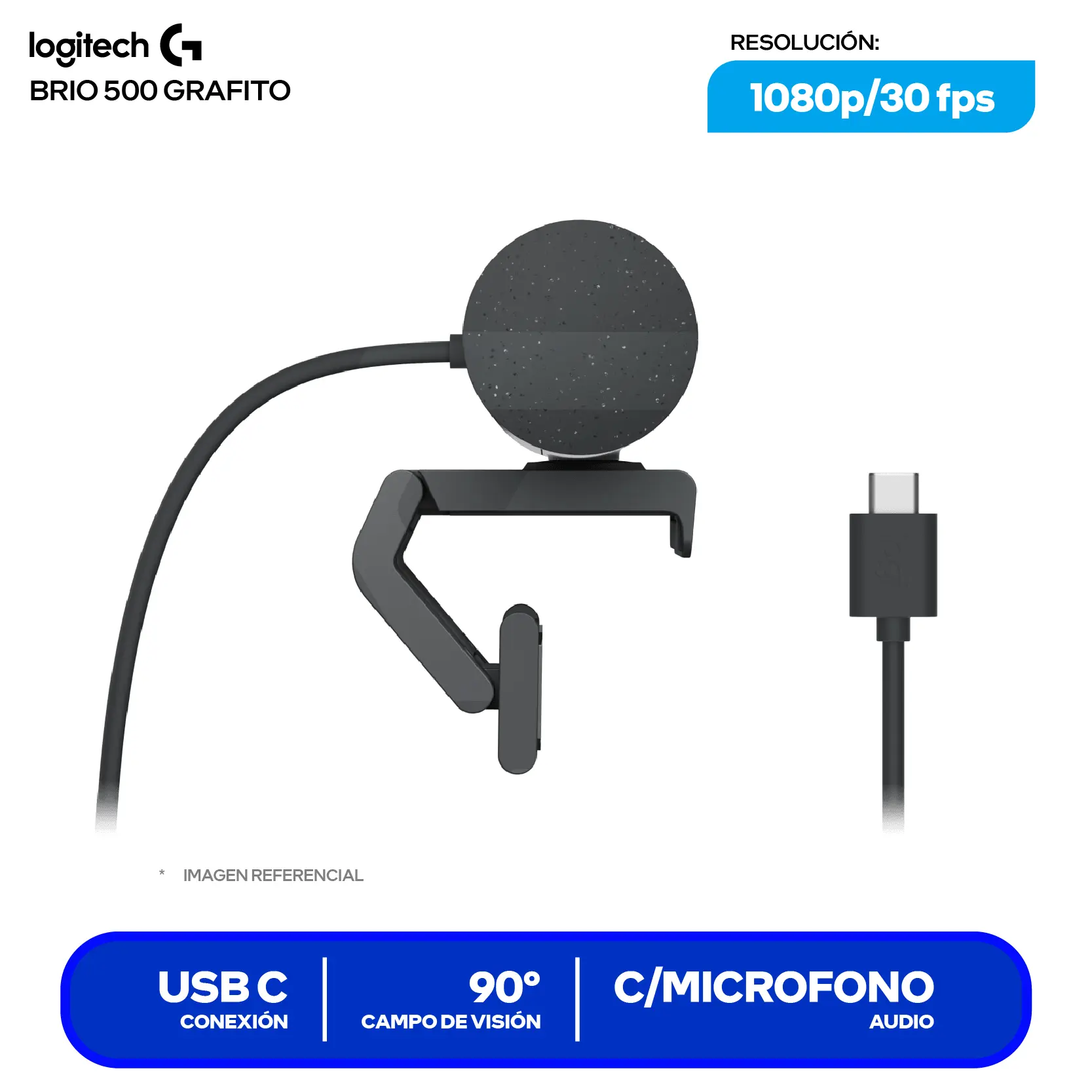 Cámara Web Logitech Brio 500 Grafito (960-001515)  Full HD 1080p, Micrófono integrado