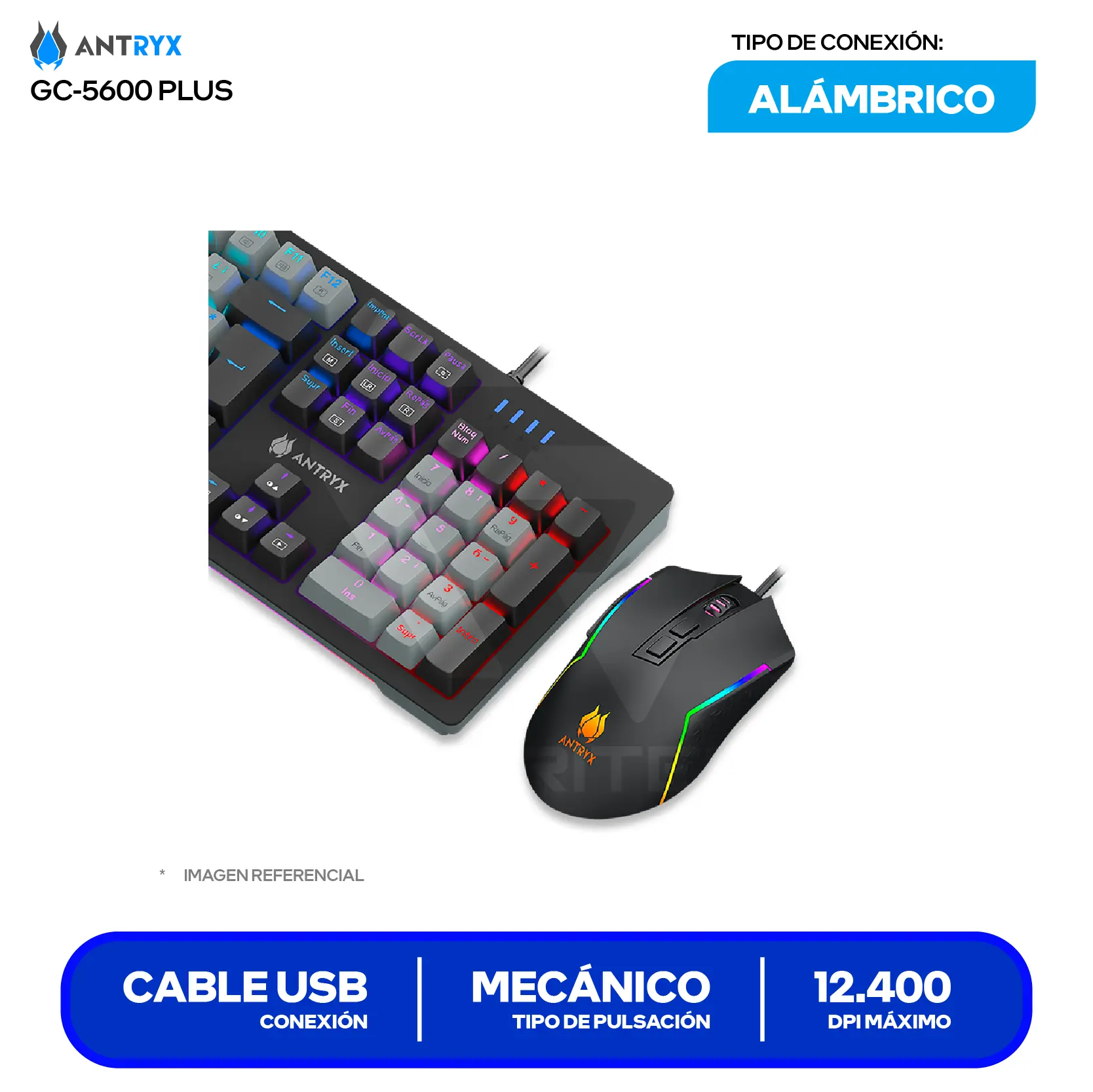 Kit Teclado + Mouse Gamer Antryx GC-5600 Plus (AGC-5650KBL-SP) Switch Blue, RGB, 12400 DPI