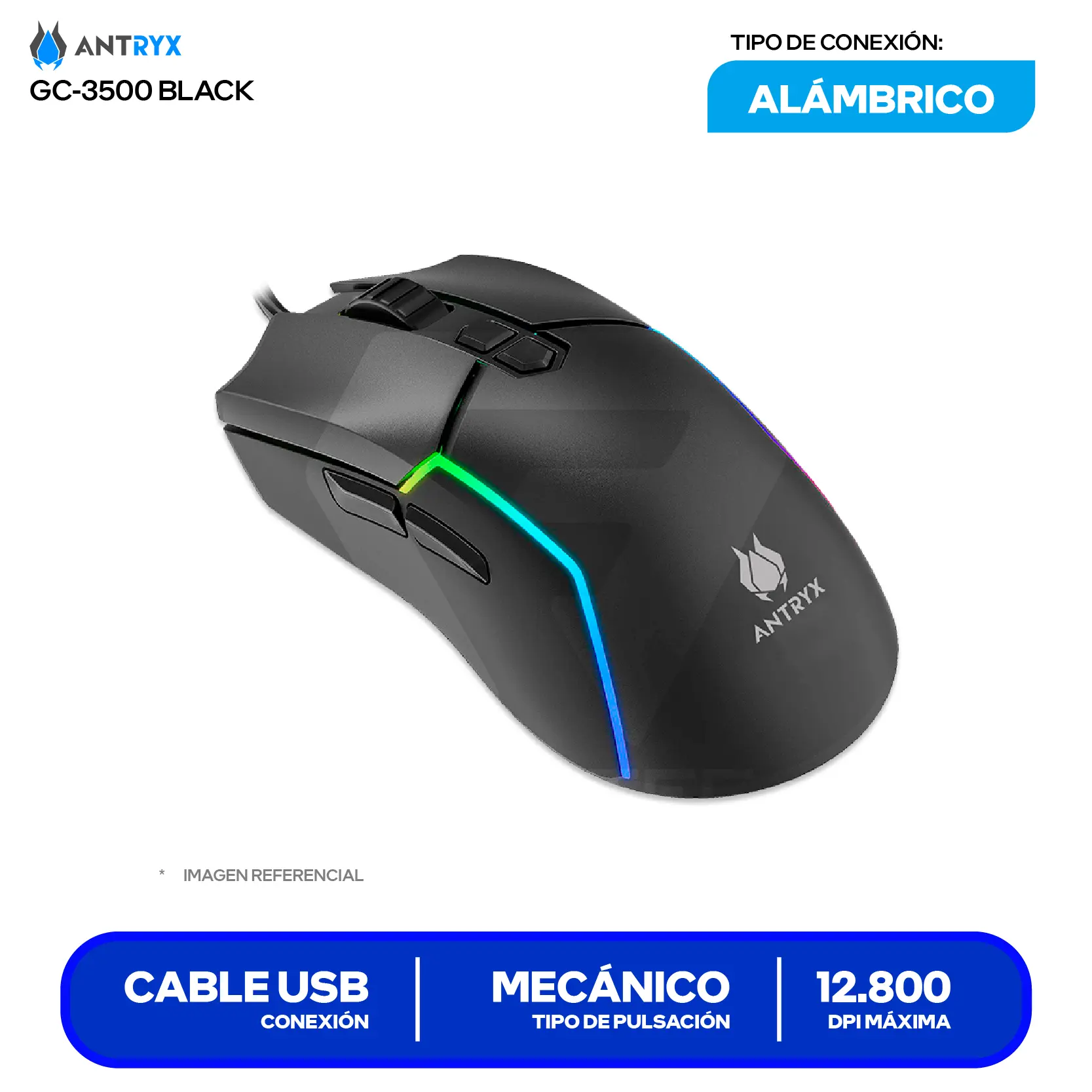 Kit Teclado + Mouse Gamer Antryx GC-3500 (AGC-3500KBL-SP) Switch Blue, RGB, 12800 DPI