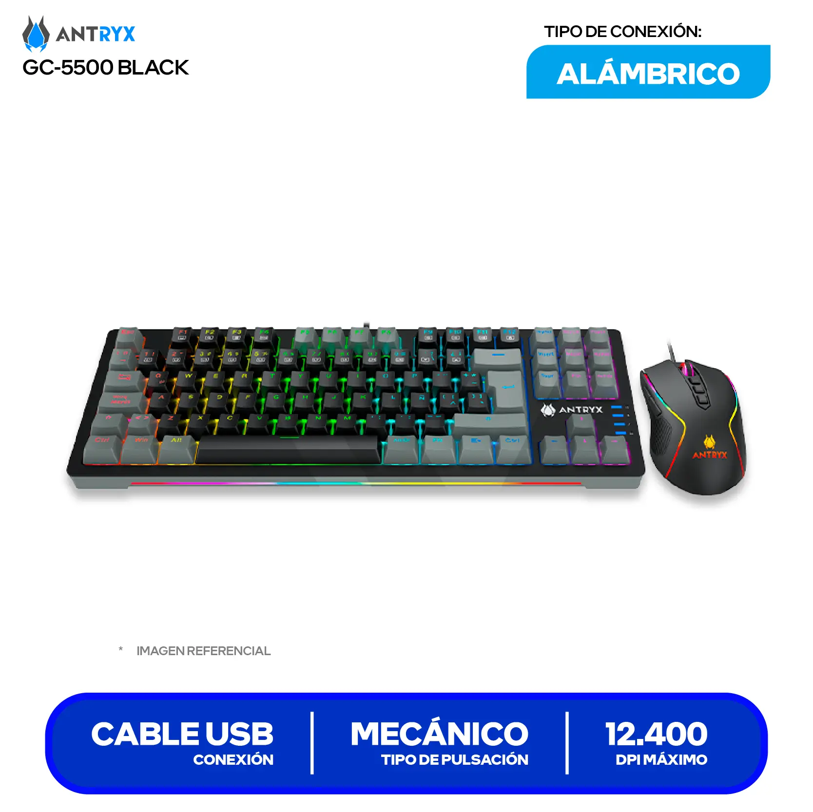 Kit Teclado + Mouse Gamer Antryx GC-5500 (AGC-5500KBL-SP) Switch Blue, RGB, 12400 DPI
