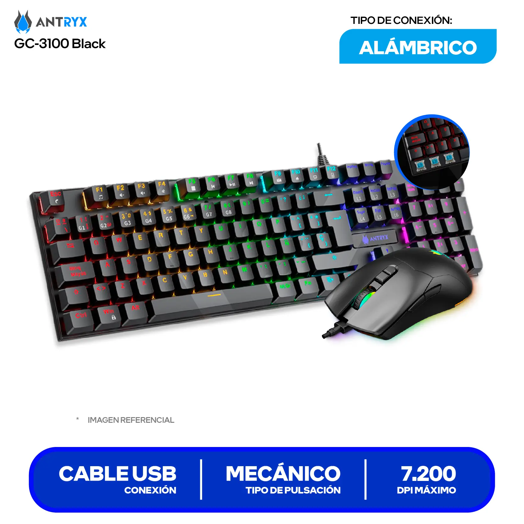 Kit Teclado + Mouse Gamer Antryx GC-3100 Negro (AGC-3100KBL-SP) Switch Azul, RGB, 7200 DPI