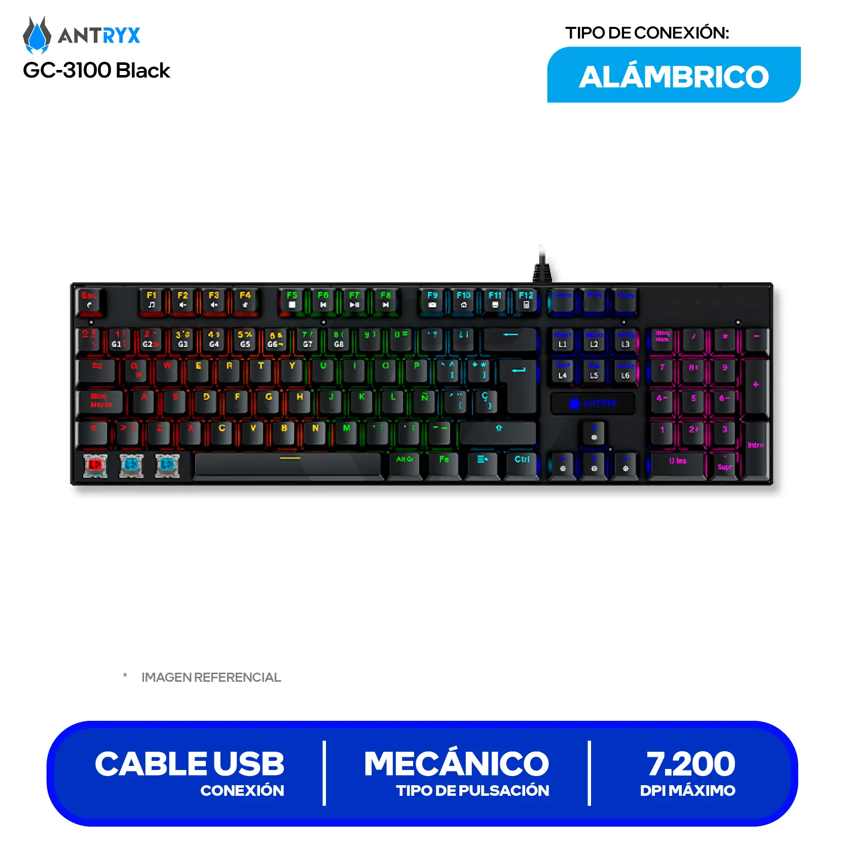 Kit Teclado + Mouse Gamer Antryx GC-3100 Negro (AGC-3100KBL-SP) Switch Azul, RGB, 7200 DPI