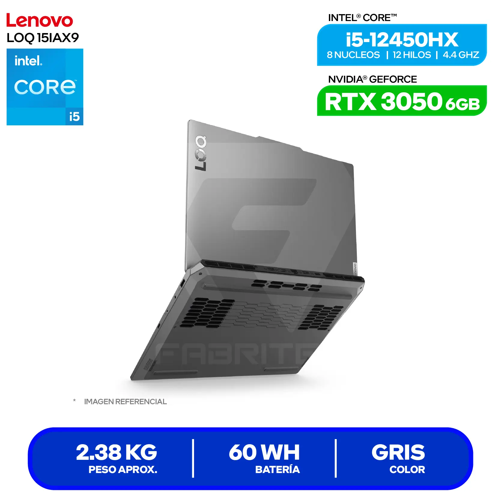 Laptop Lenovo LOQ 15IAX9 (83GS006WLM) Intel Core i5-12450HX, GeForce RTX 3050 6GB, RAM 8GB, SSD 512GB, 15.6'' FHD, FreeDos