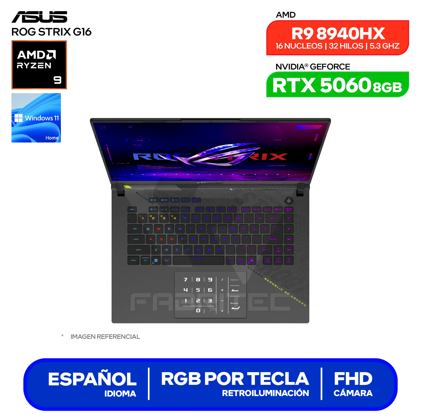 Laptop Asus Rog Strix G16 G614PM-RV127W (90NR0KW8-M006W0) AMD Ryzen 9 8940HX, GeForce RTX 5060 8GB, RAM 16GB, SSD 1TB, 16'' WUXGA, Windows 11 Home