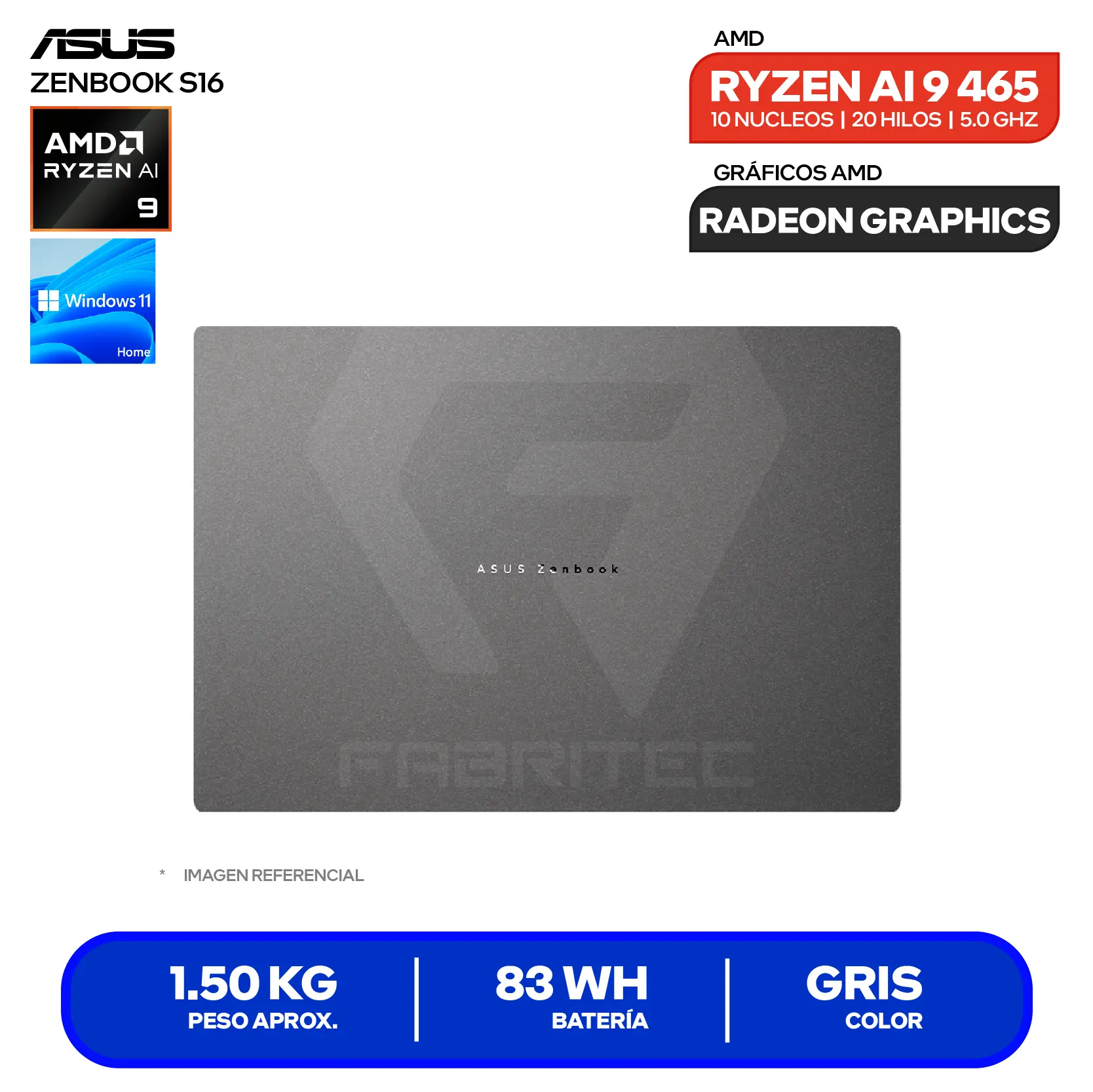 Laptop Asus Zenbook S16 UM5606GA-SR190W (90NB17H6-M00940) AMD Ryzen AI 9 465, RAM 32GB, SSD 1TB, 16'' 3K OLED Táctil, Windows 11 Home