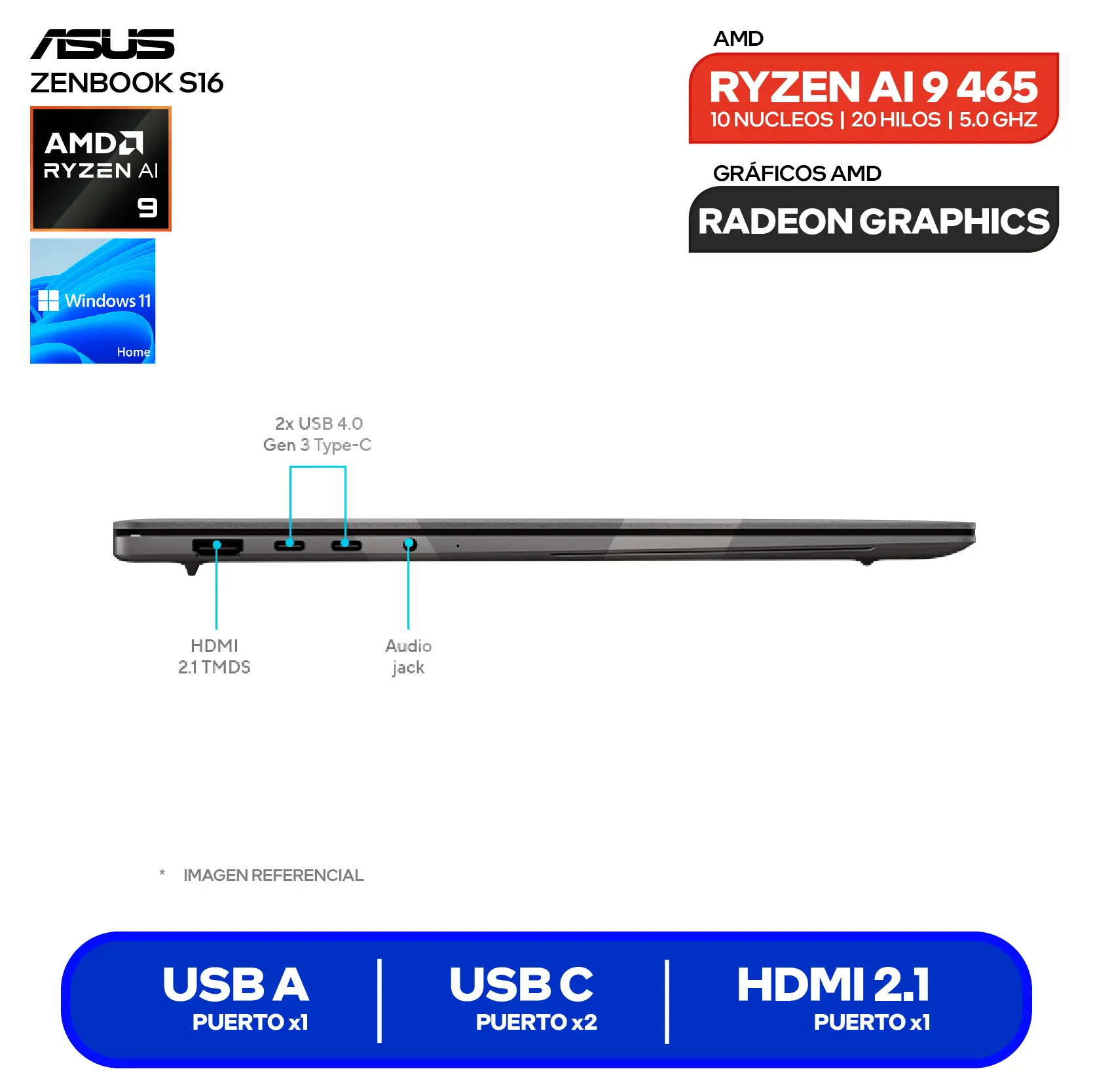Laptop Asus Zenbook S16 UM5606GA-SR190W (90NB17H6-M00940) AMD Ryzen AI 9 465, RAM 32GB, SSD 1TB, 16'' 3K OLED Táctil, Windows 11 Home