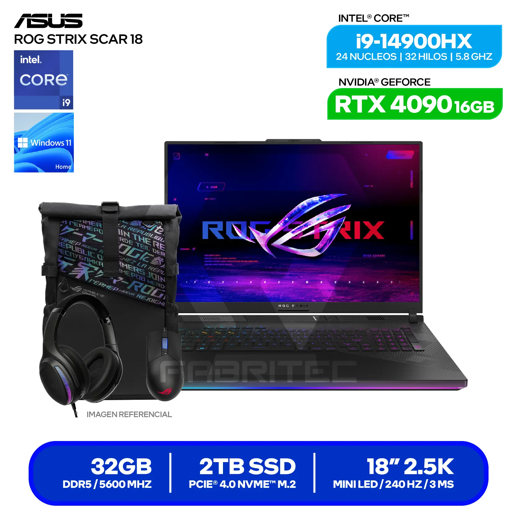 Laptop Asus Rog Strix Scar 18 G834JYR-R6041W (90NR0IP2-M003D0) Intel Core i9 14900HX, GeForce RTX 4090 16GB, 32GB RAM, 2TB SSD, 18'' 2.5K, Windows 11 Home
