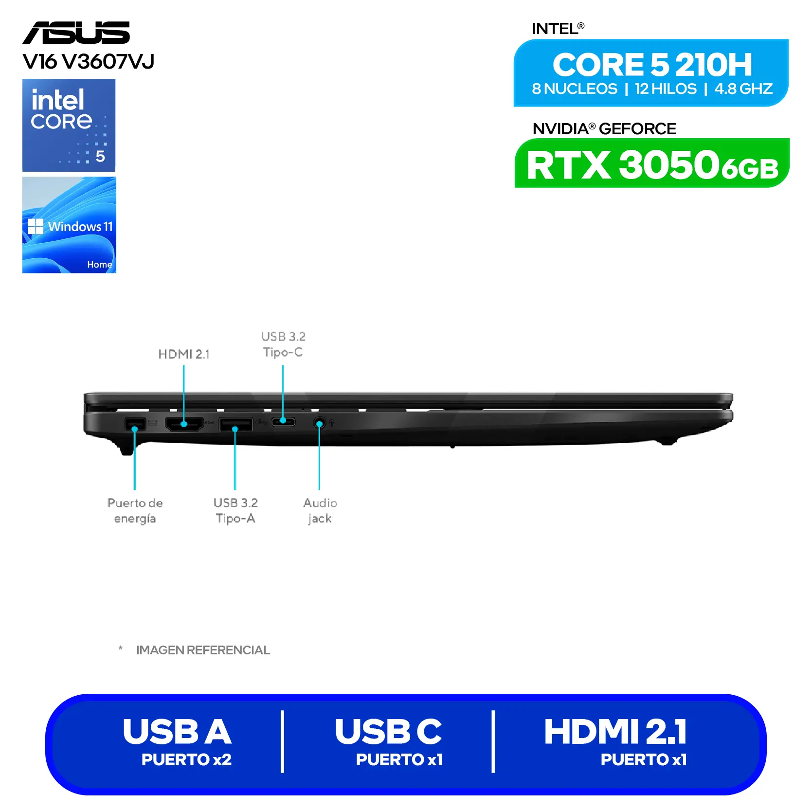 Laptop Asus V16 V3607VJ-RP067W (90NB15V1-M004R0) Intel Core 5-210H, GeForce RTX 3050 6GB, RAM 8GB, SSD 512GB, 16'' FHD+, Windows 11 Home