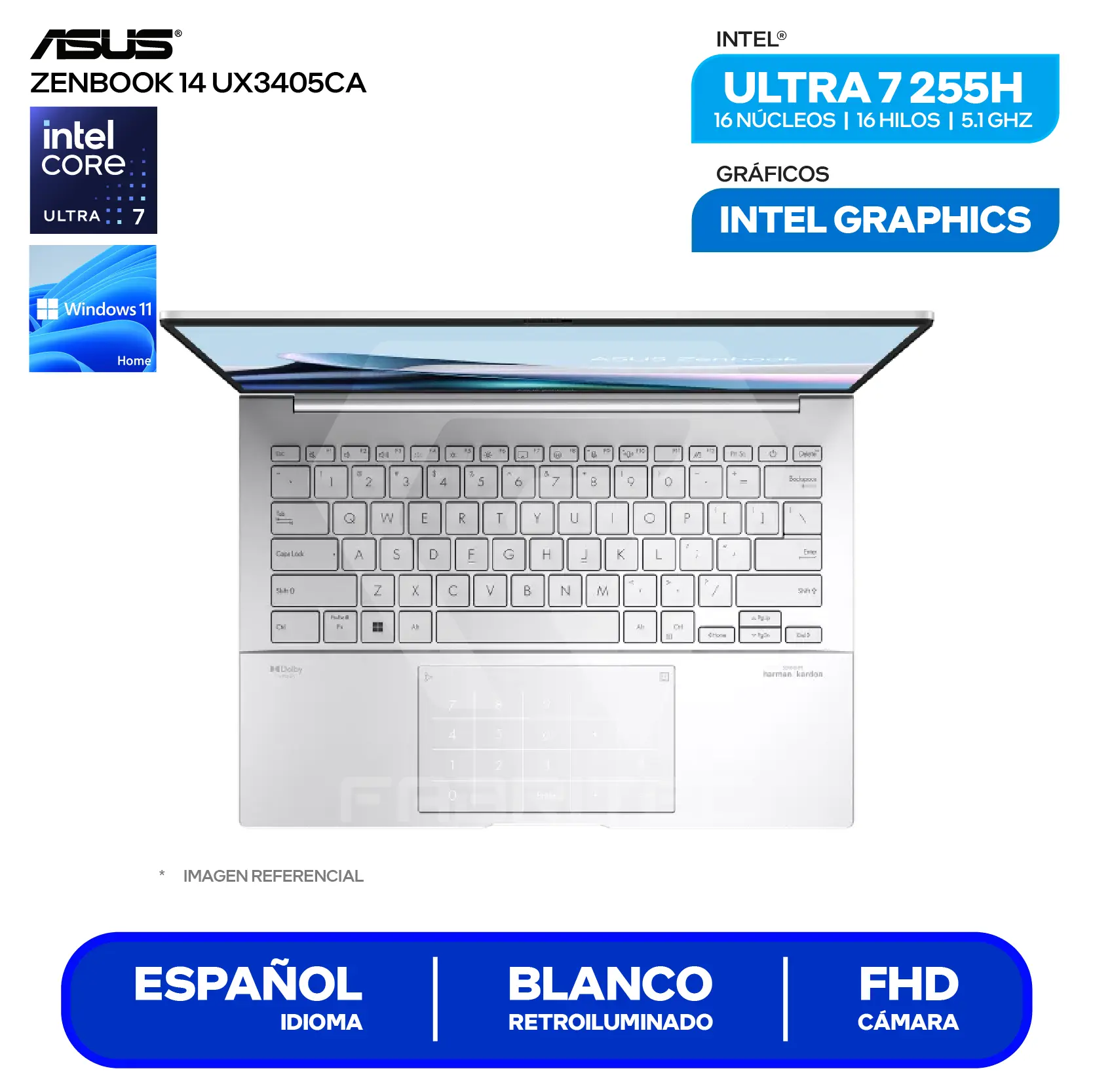 Laptop Asus Zenbook 14 UX3405CA-QL574W (90NB14W4-M00UH0) Intel Core Ultra 7-255H, RAM 16GB, SSD 1TB, 14'' FHD+ Oled Táctil , Windows 11 Home