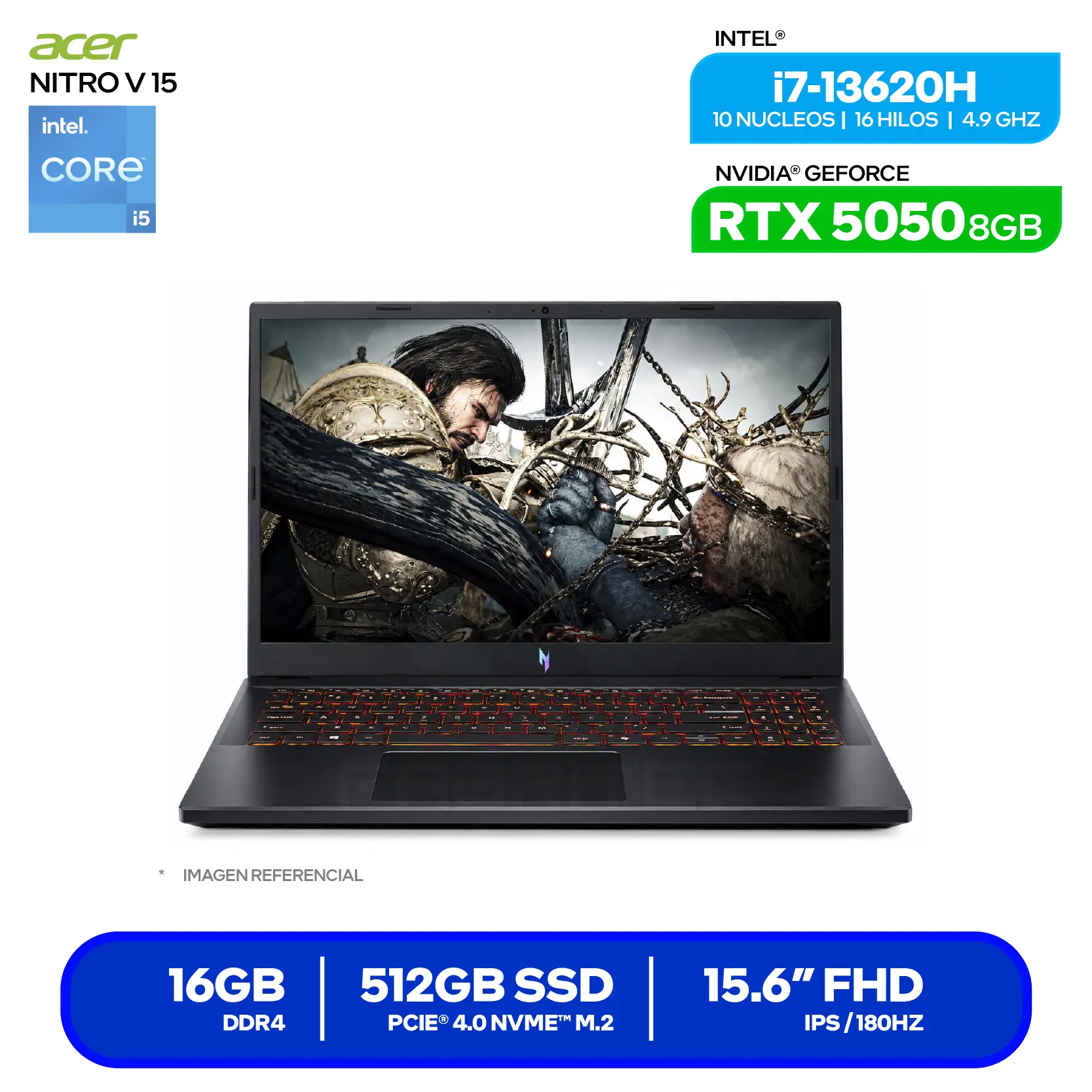 Laptop Gamer Acer Nitro V 15 ANV15-52-71JV (NH.QZ7AL.001 ) Intel Core i7-13620H, GeForce RTX 5050 8GB, RAM 16GB, SSD 512GB, 15.6'' FHD, FreeDos