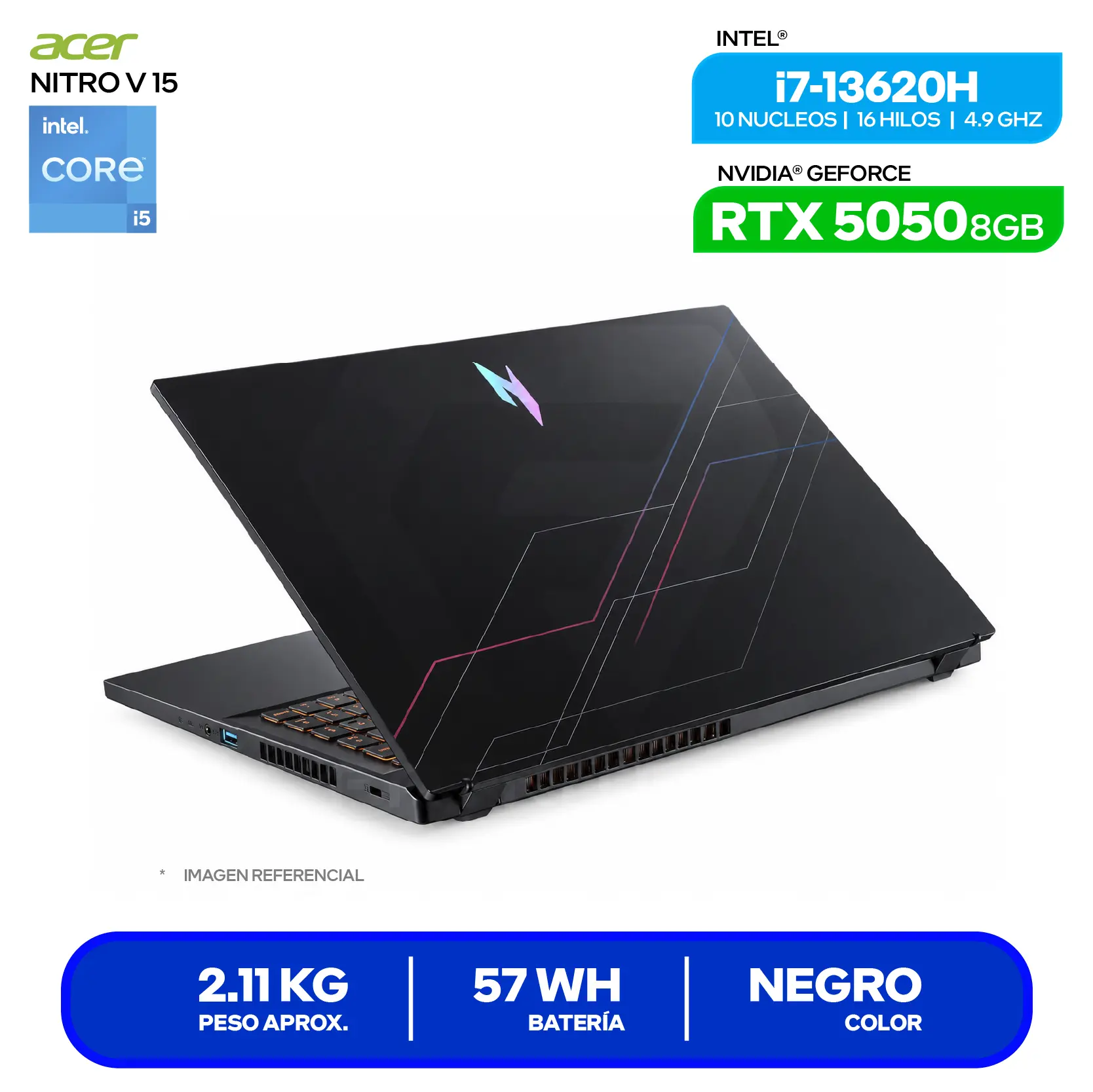 Laptop Gamer Acer Nitro V 15 ANV15-52-71JV (NH.QZ7AL.001 ) Intel Core i7-13620H, GeForce RTX 5050 8GB, RAM 16GB, SSD 512GB, 15.6'' FHD, FreeDos