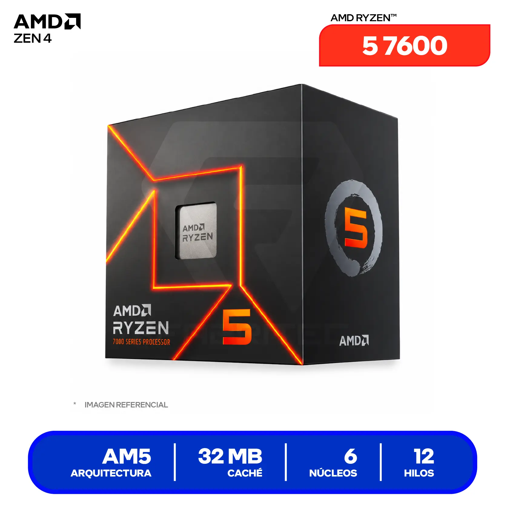 Procesador AMD Ryzen 5 7600 (100-100001015BOX) 3.8 GHz / 5.1 GHz, 6 Núcleos, AM5