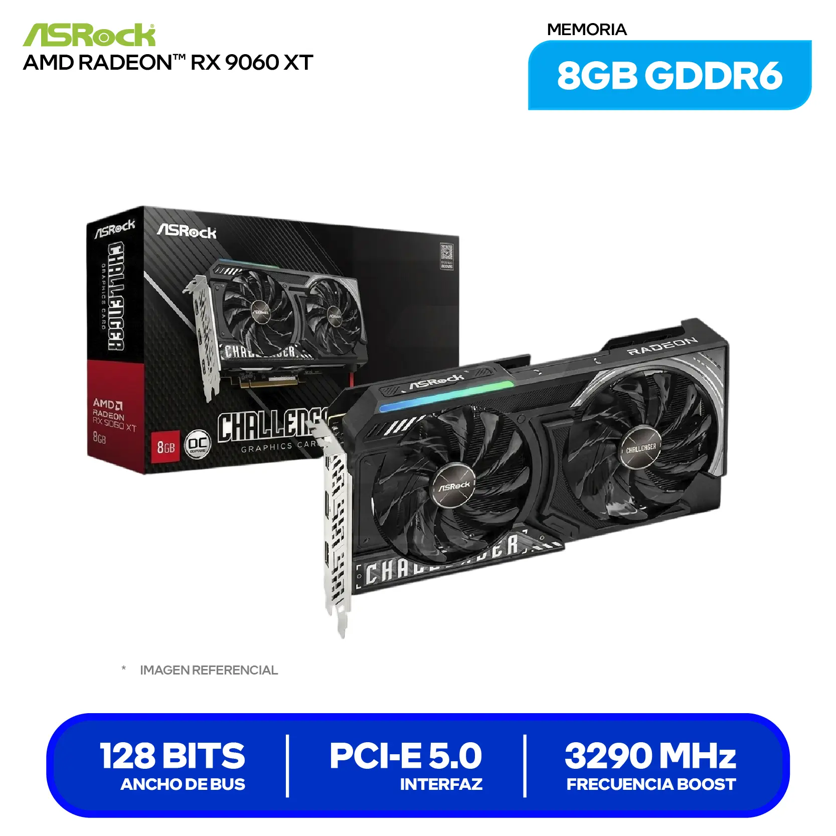 Tarjeta de video Asrock AMD Radeon RX 9060 XT Challenger 8GB (RX9060XT CL 8GO) GDDR6, 2x DisplayPort, 1x HDMI