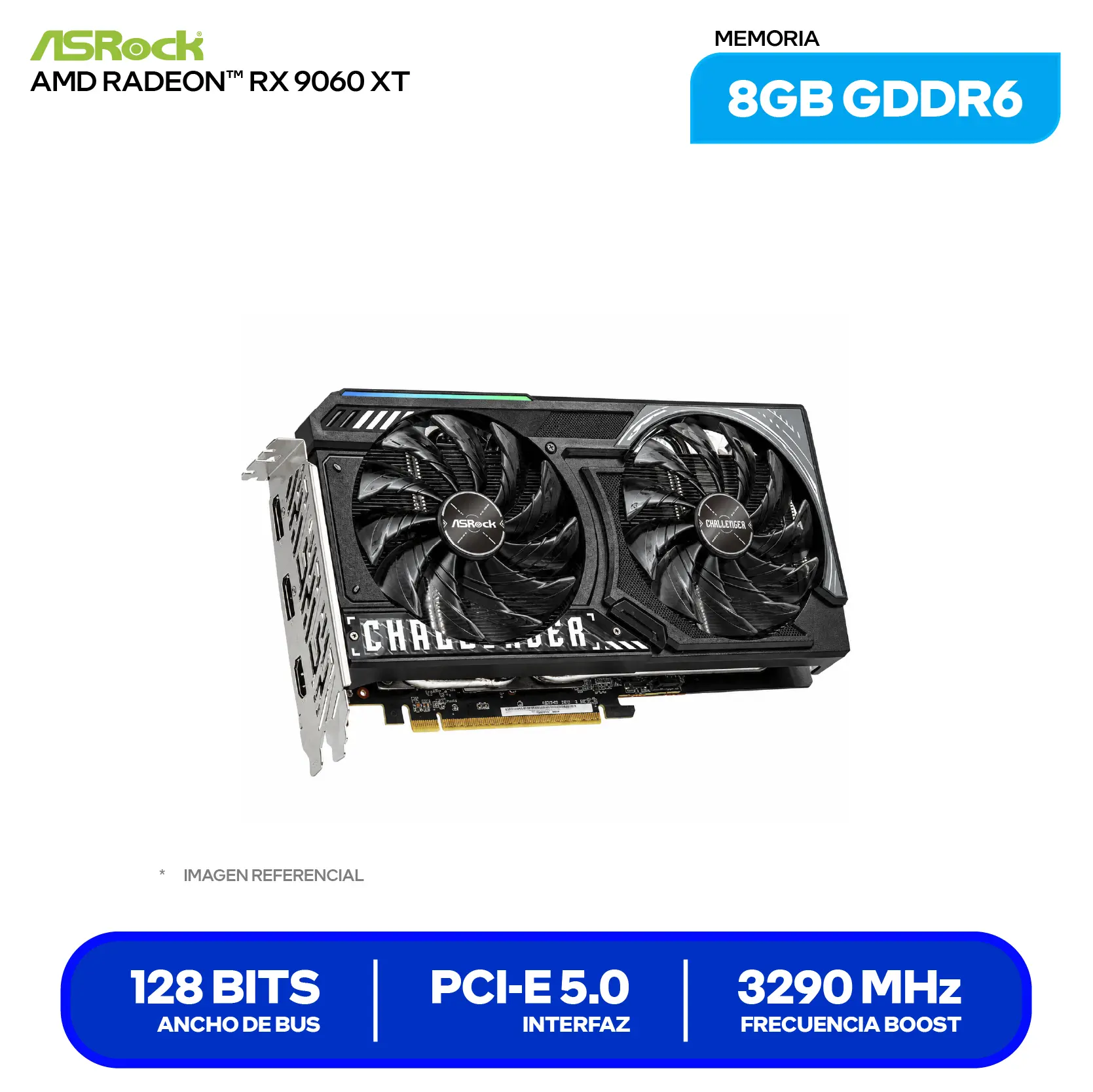 Tarjeta de video Asrock AMD Radeon RX 9060 XT Challenger 8GB (RX9060XT CL 8GO) GDDR6, 2x DisplayPort, 1x HDMI
