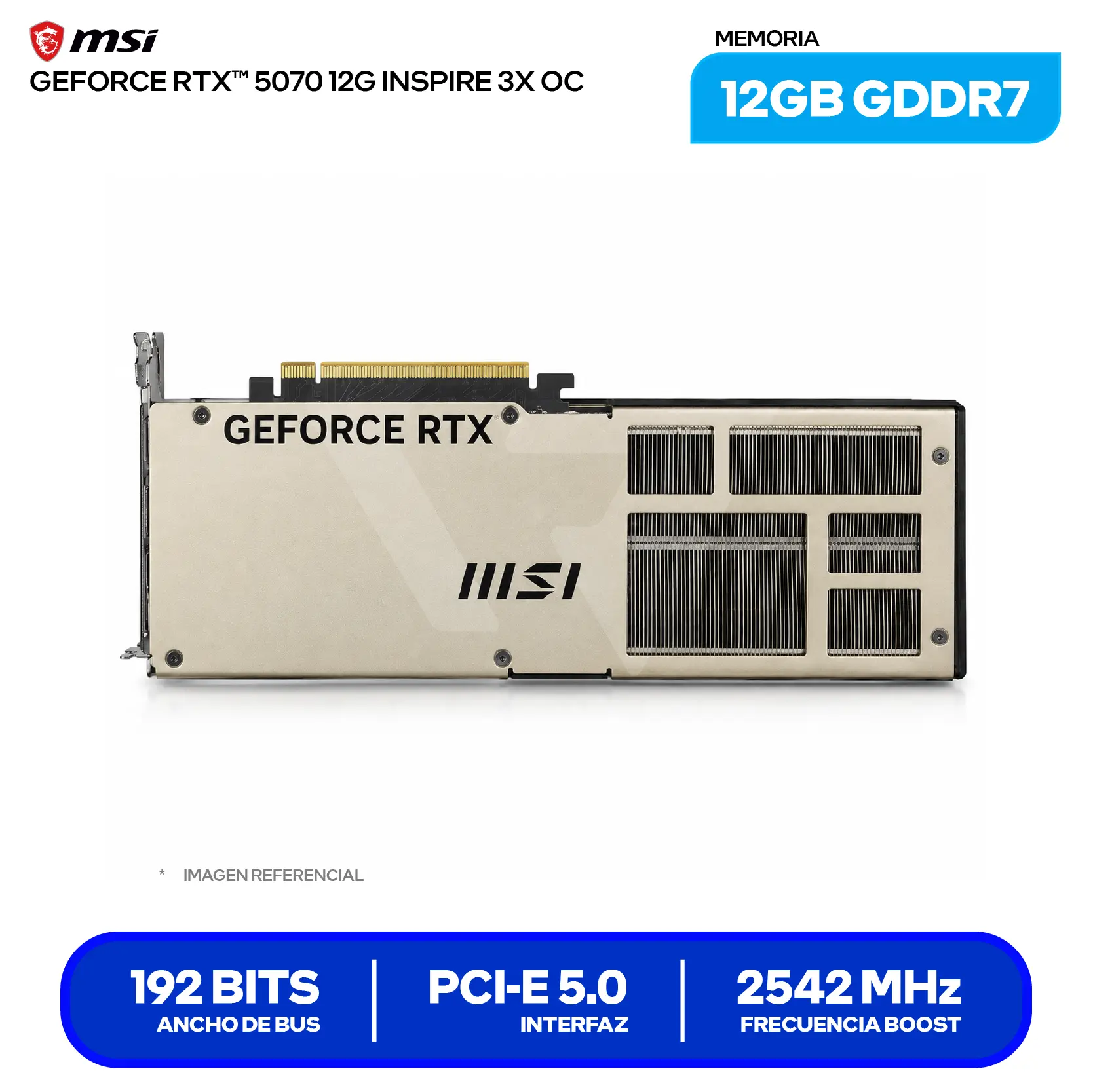 Tarjeta de video MSI NVIDIA GeForce RTX 5070 Inspire 3X OC 12GB (912-V532-211) GDDR7, 3x DisplayPort, 1x HDMI