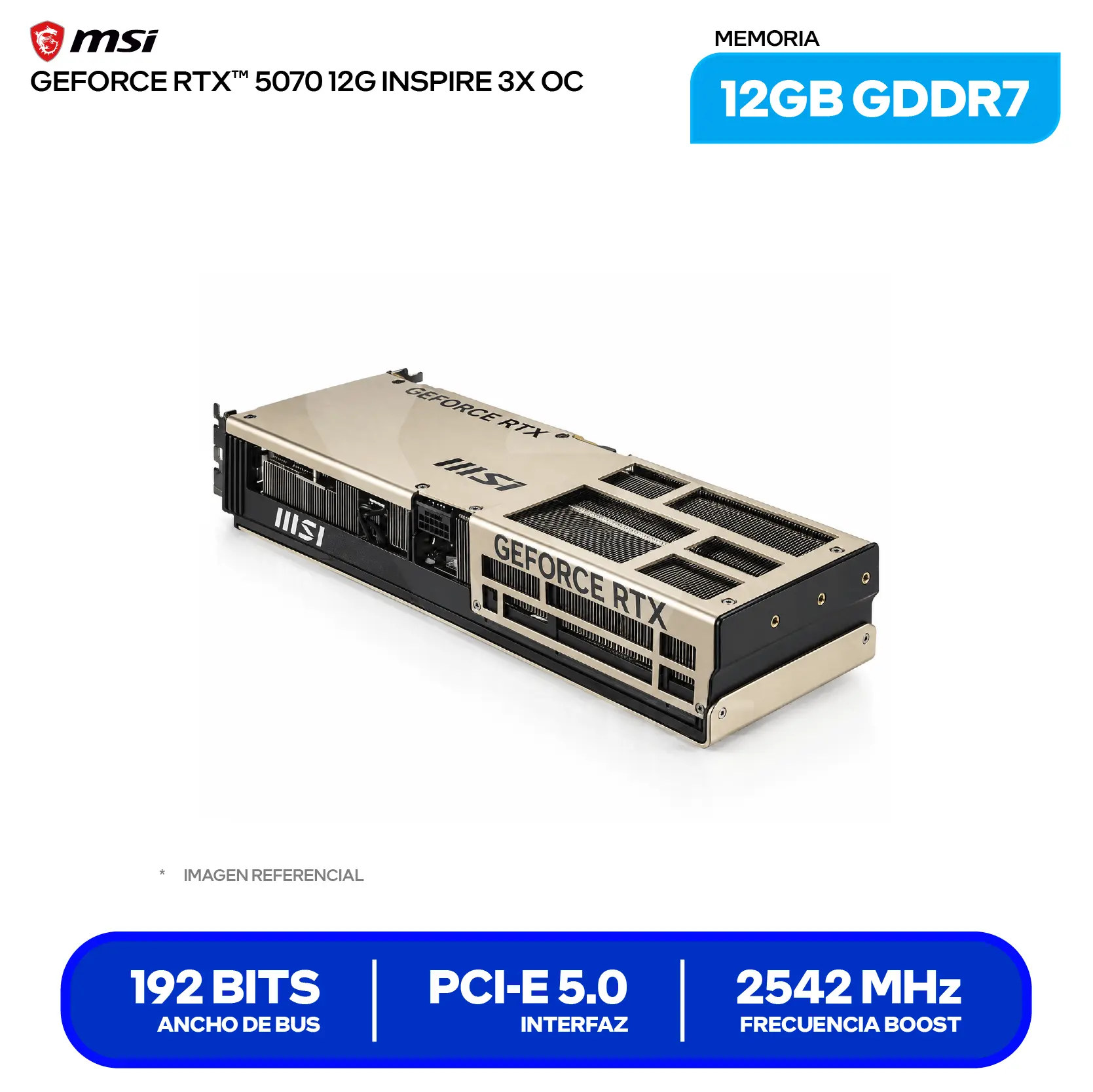 Tarjeta de video MSI NVIDIA GeForce RTX 5070 Inspire 3X OC 12GB (912-V532-211) GDDR7, 3x DisplayPort, 1x HDMI