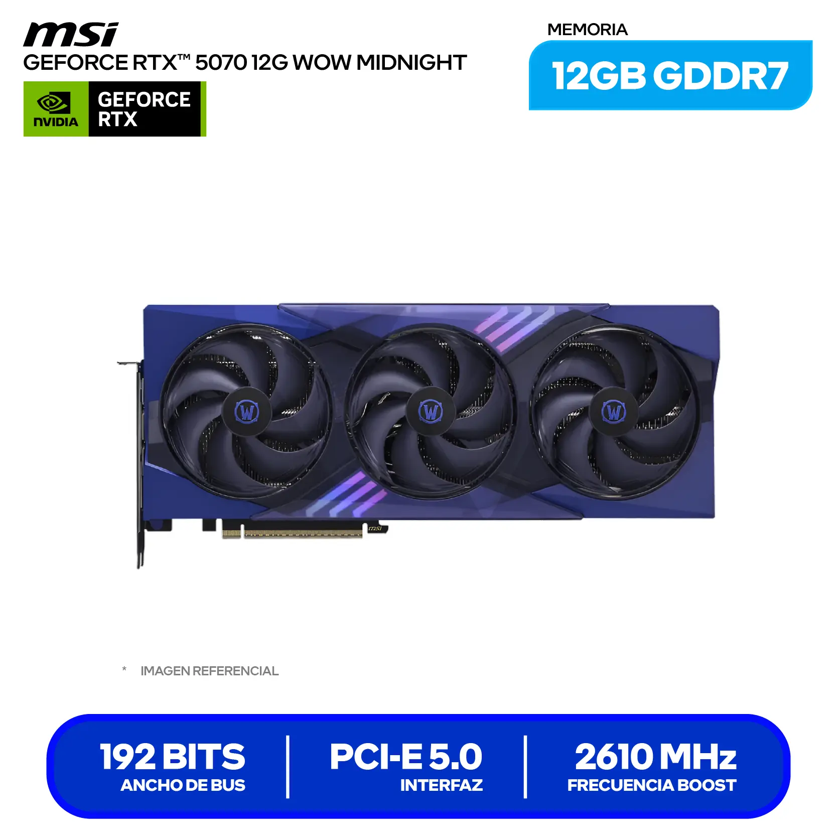 Tarjeta de video MSI GeForce RTX 5070 World of Warcraft Midnight Void Edition OC 12GB (G507012WMVEC) GDDR7, 3x DisplayPort 2.1, 1x HDMI 2.1