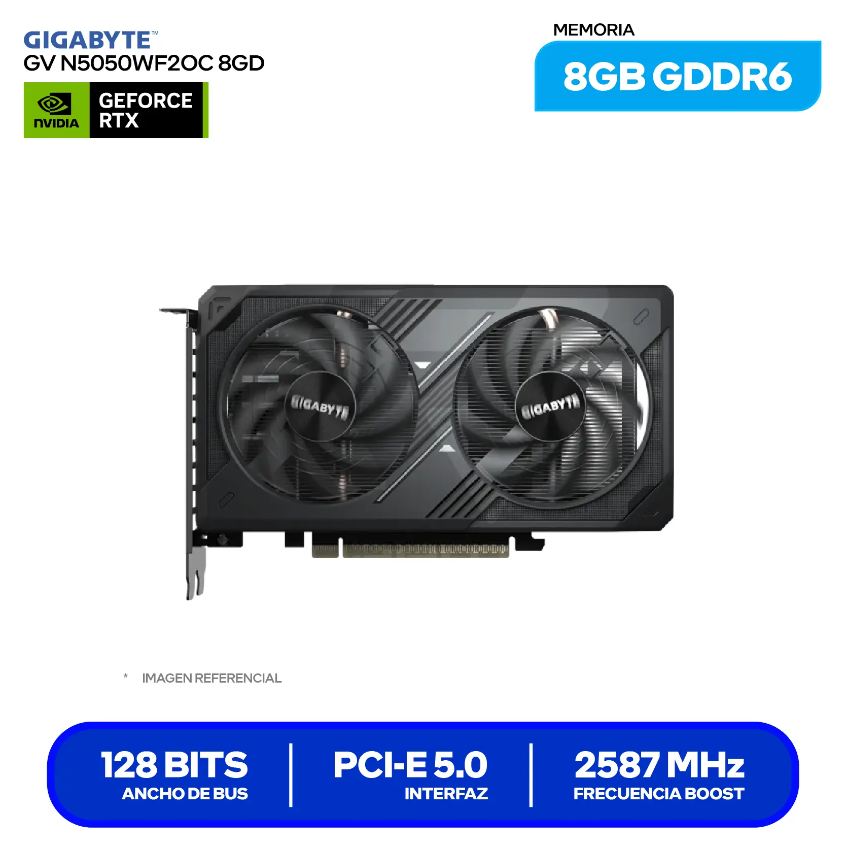 Tarjeta de video GIGABYTE NVIDIA GeForce RTX 5050 WINDFORCE OC 8GB (GV-N5050WF2OC-8GD) GDDR6, 2x DisplayPort 2.1, 2x HDMI 2.1