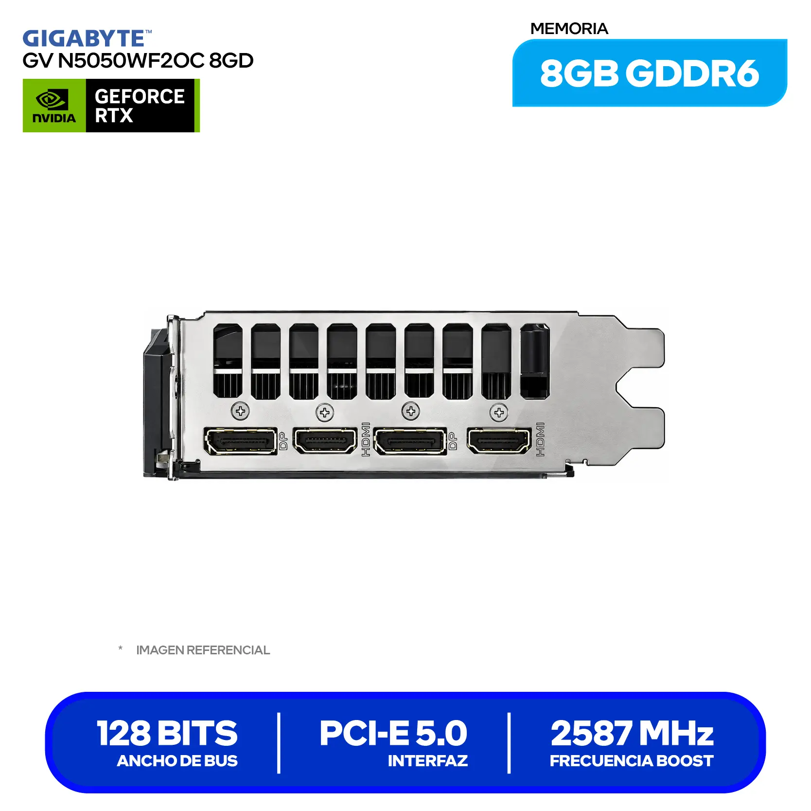 Tarjeta de video GIGABYTE NVIDIA GeForce RTX 5050 WINDFORCE OC 8GB (GV-N5050WF2OC-8GD) GDDR6, 2x DisplayPort 2.1, 2x HDMI 2.1