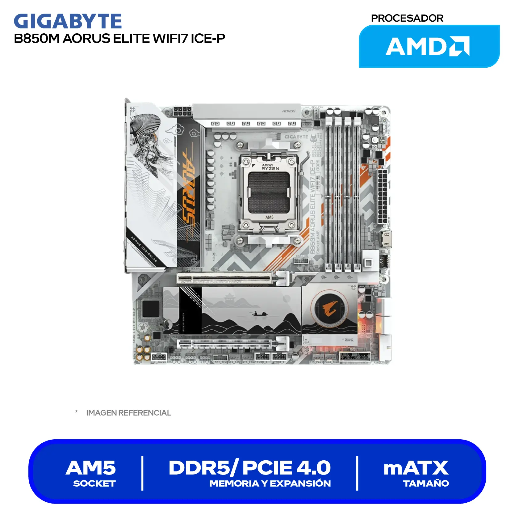 Placa madre Gigabyte B850M Aorus Elite WiFi7 ICE-P (9MB85ME7P-00-G11) AM5, DDR5, mATX, Wi-Fi 7