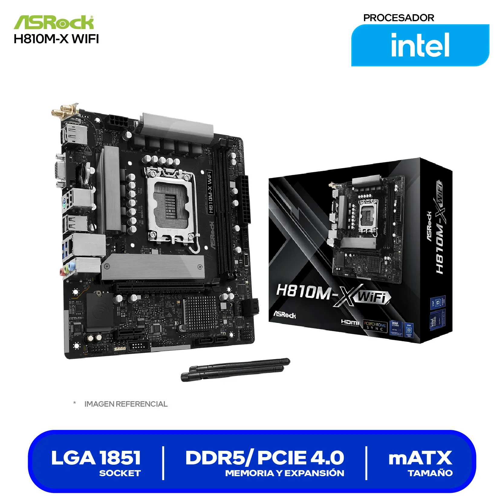 Placa Madre ASRock H810M-X WIFI (90-MXBS60-A0UAYAZ) LGA1851, DDR5, mTX