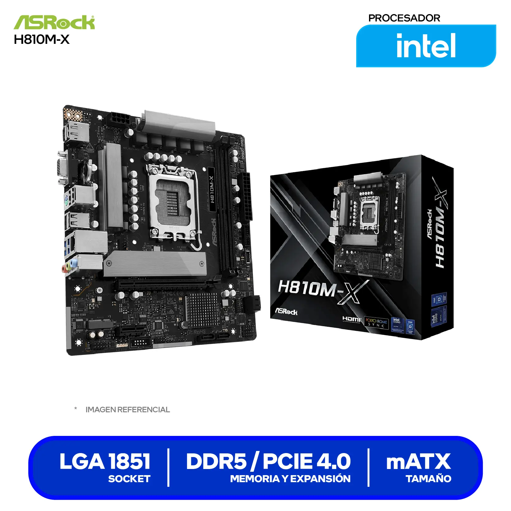 Placa Madre ASRock H810M-X (90-MXBS40-A0UAYAZ) LGA1851, DDR5, mATX